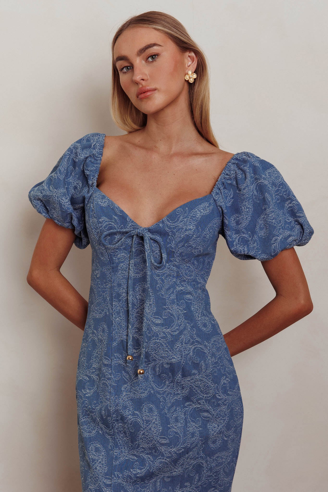 Feeling Electric Puff Sleeves Mermaid Maxi Dress Denim Blue - Seraphlike