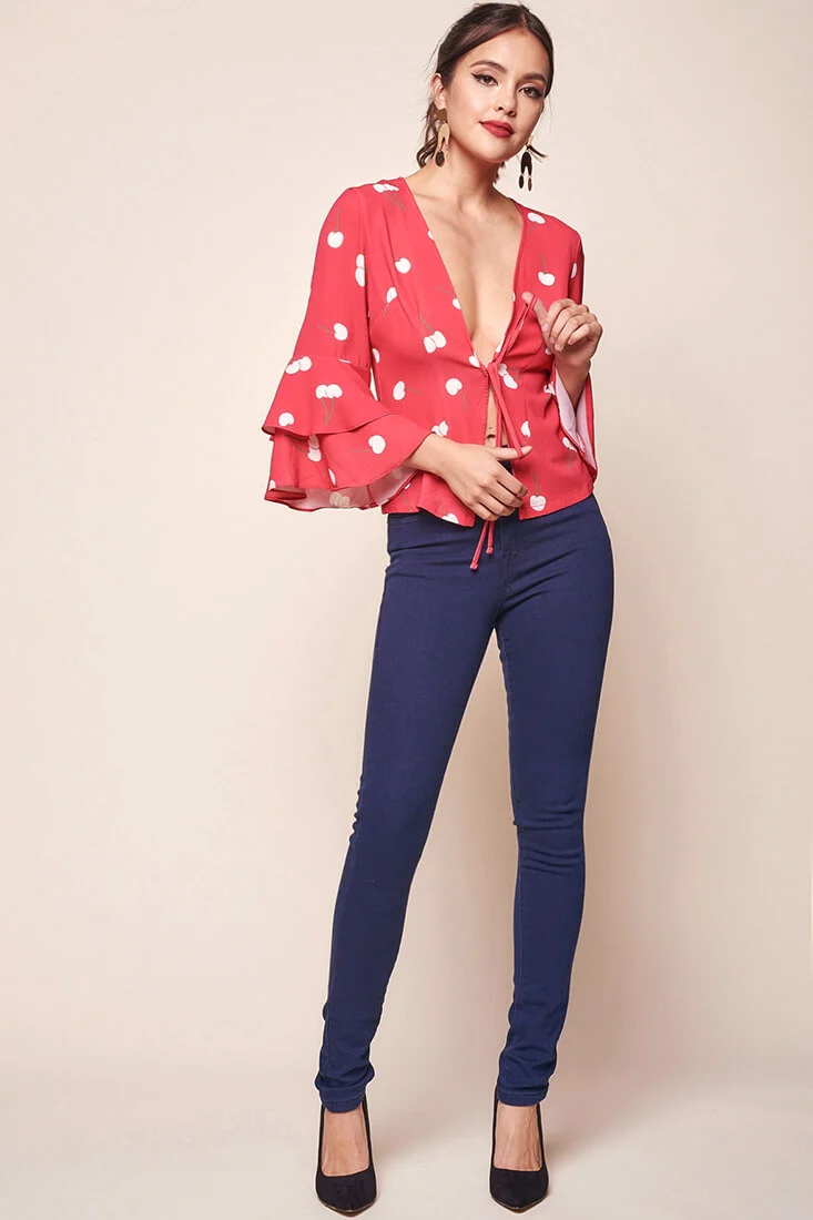 Robbi Cherry on Top Deep V Bell Sleeved Top Red - Seraphlike