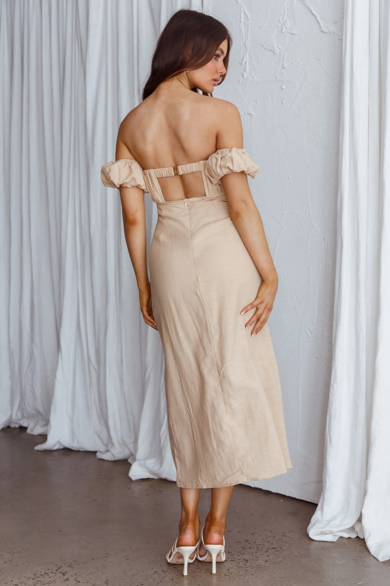 Nico Off-Shoulder Split Midi Dress Sand - Seraphlike