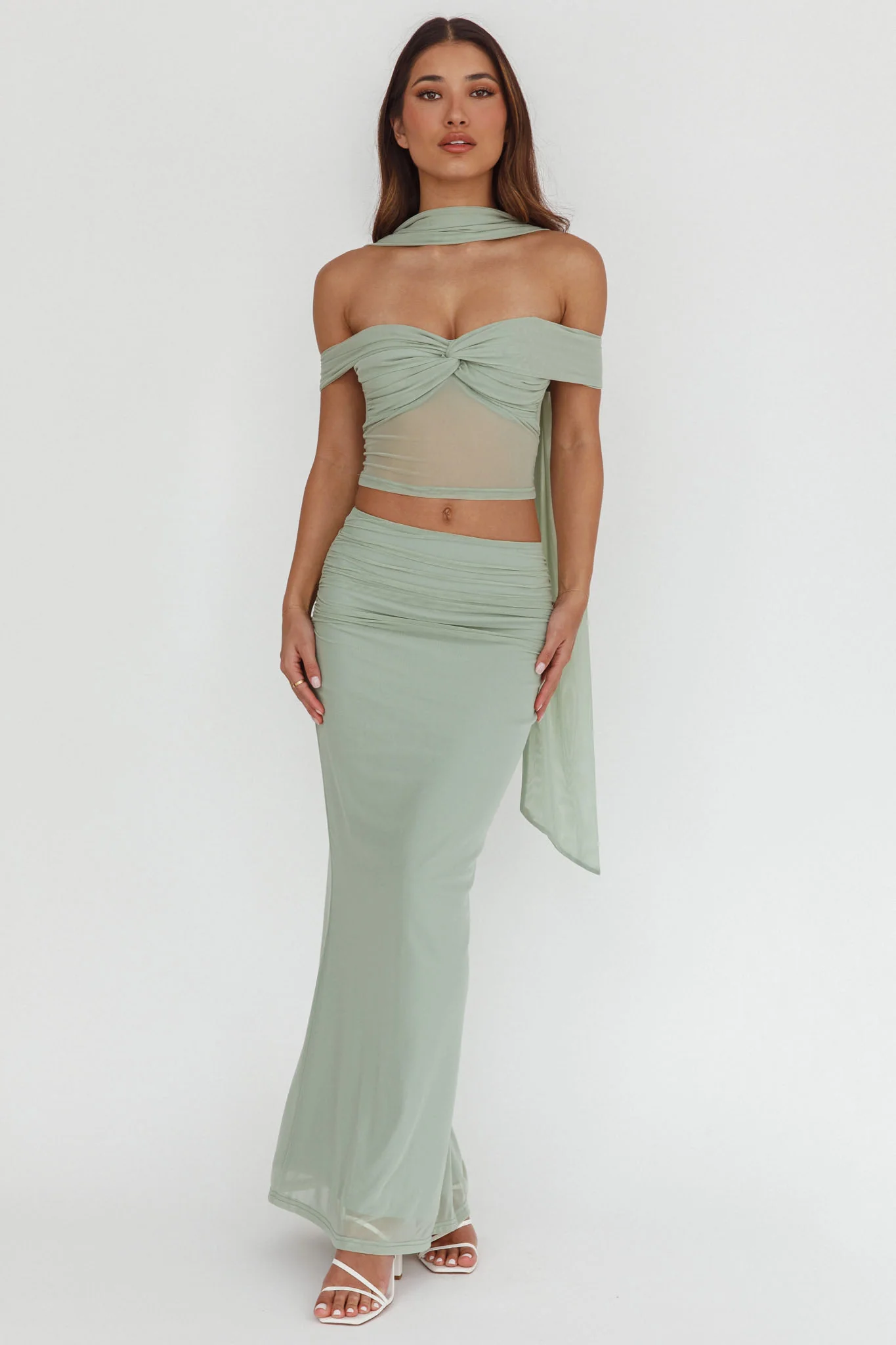 All The Lights Off-Shoulder Crop Top Sage - Seraphlike
