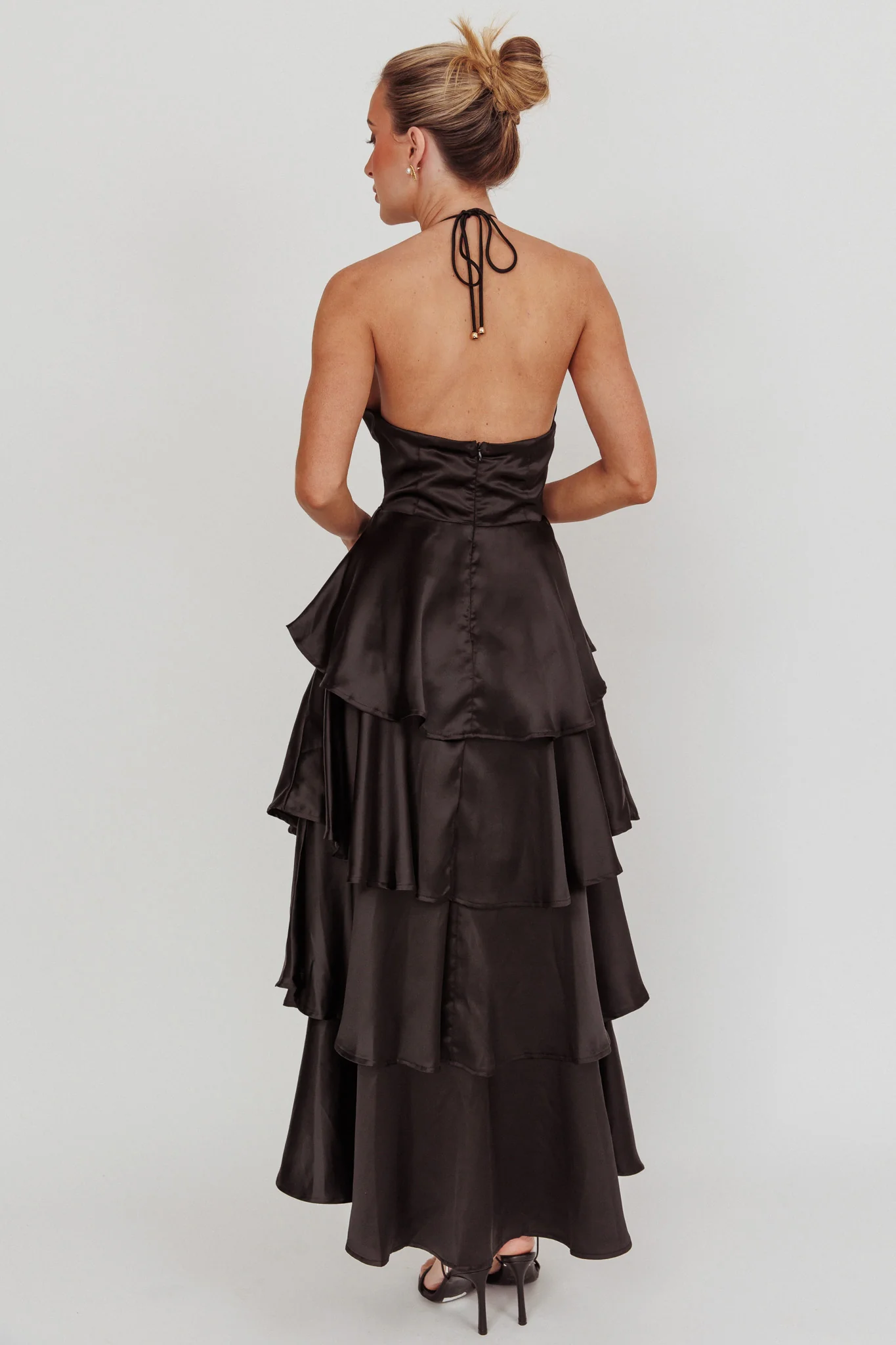 Catalina Tiered Ruffle Rosette Maxi Dress Black - Seraphlike