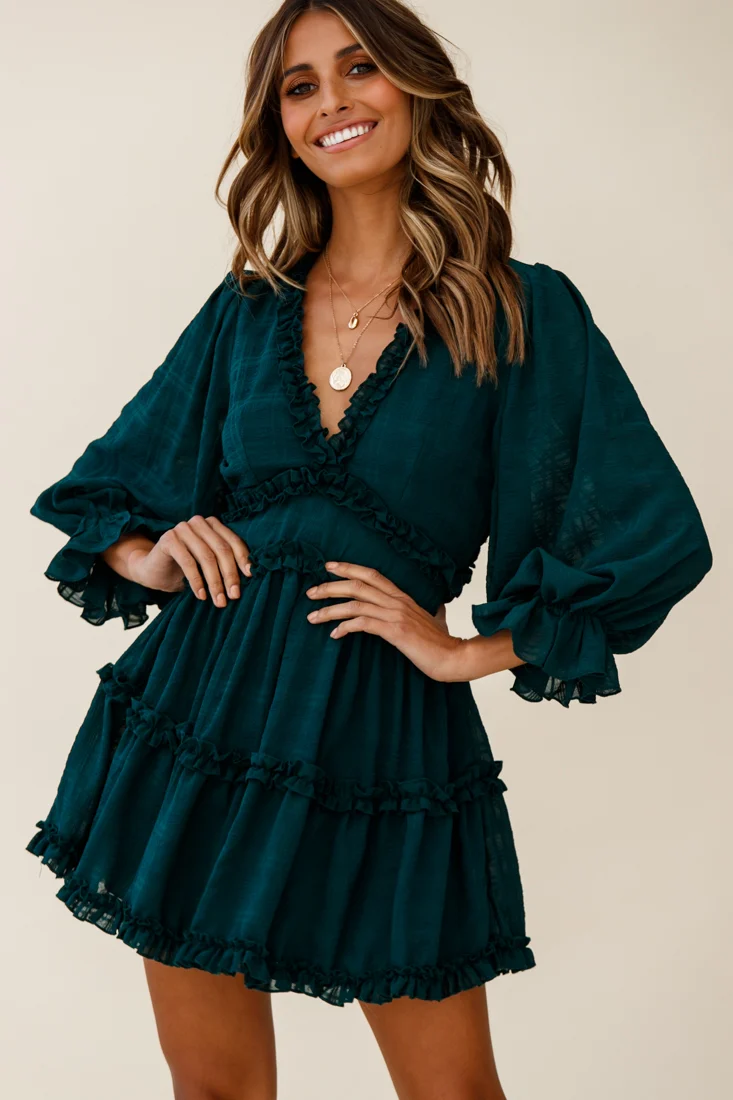 Laney Cutout Back Balloon Sleeve Dress Forest Green - Seraphlike
