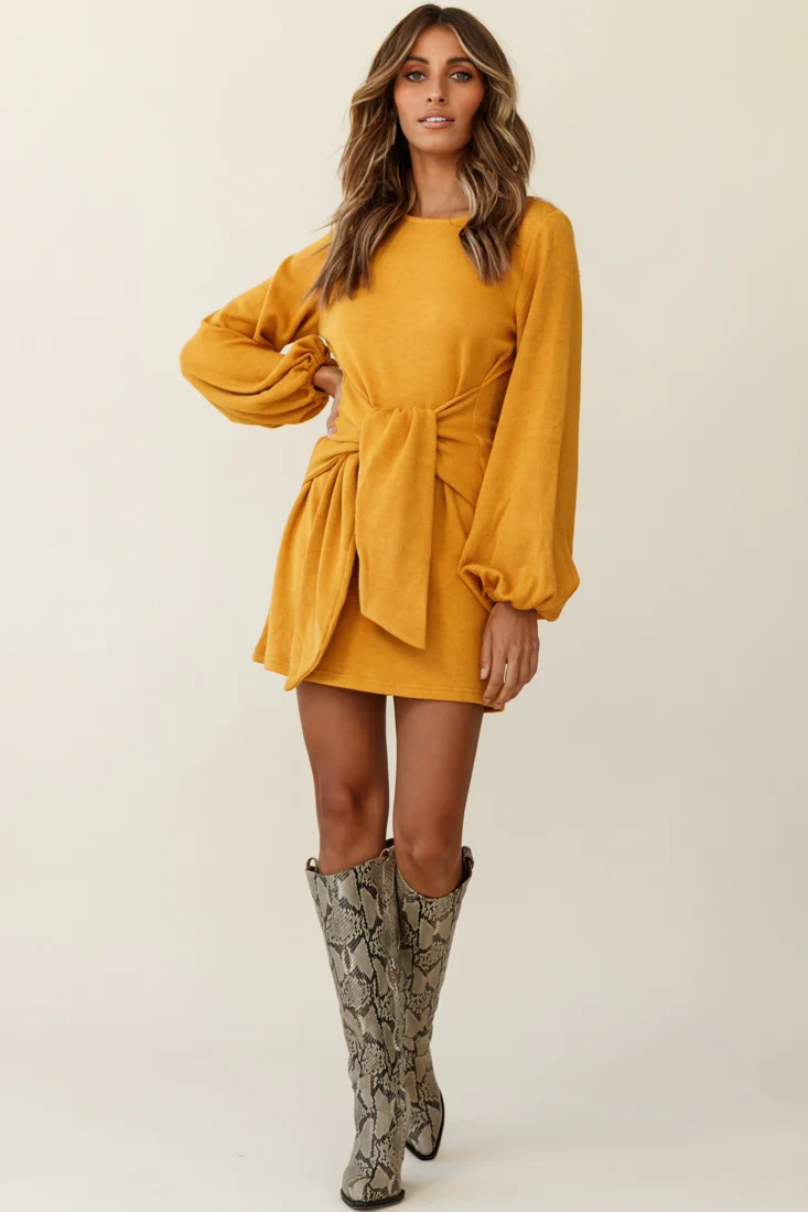 Rapt Waist Tie Knit Dress Mustard - Seraphlike
