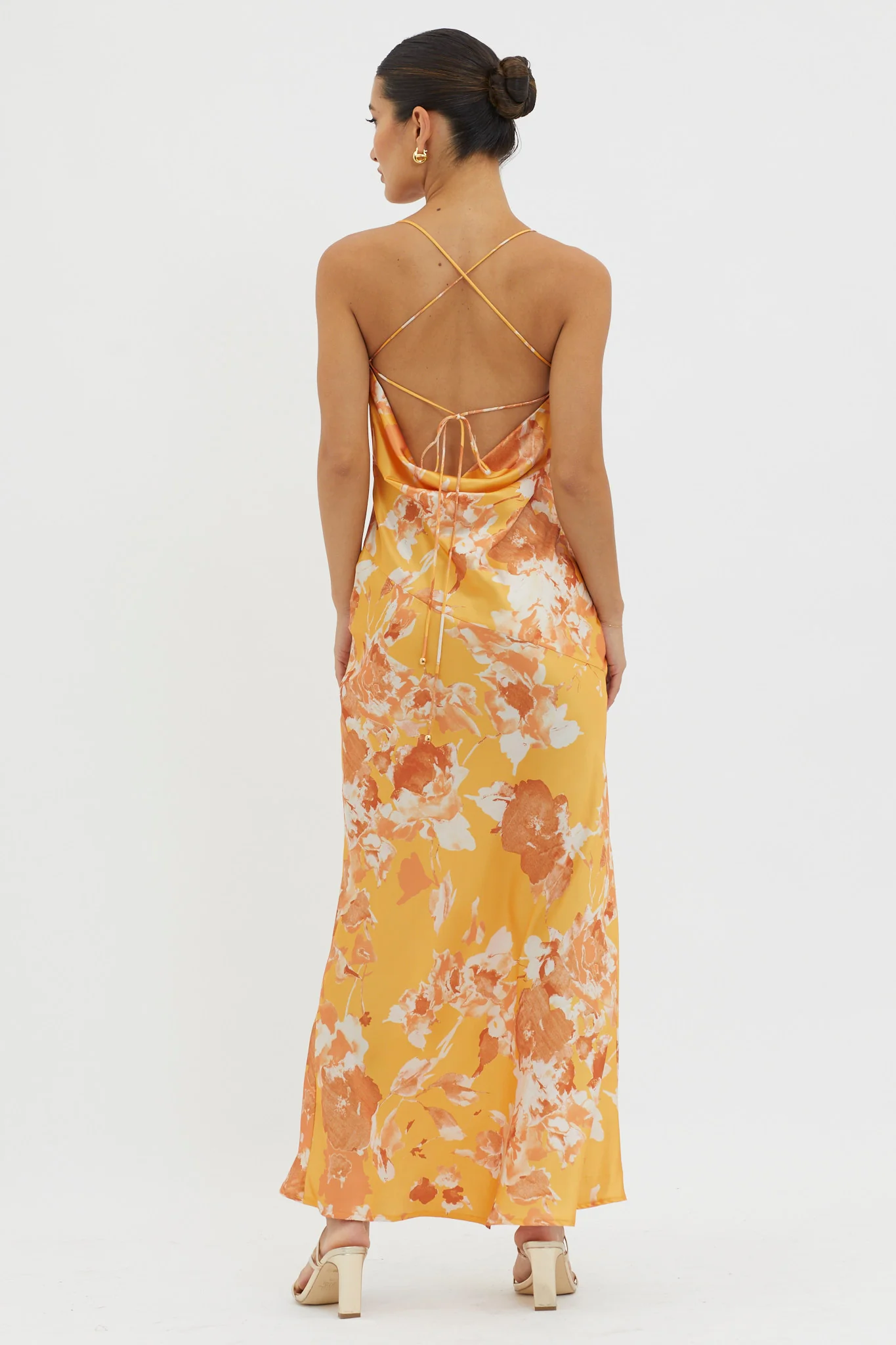 Dream Walk Cowl Back Tied Dress Print Orange - Seraphlike