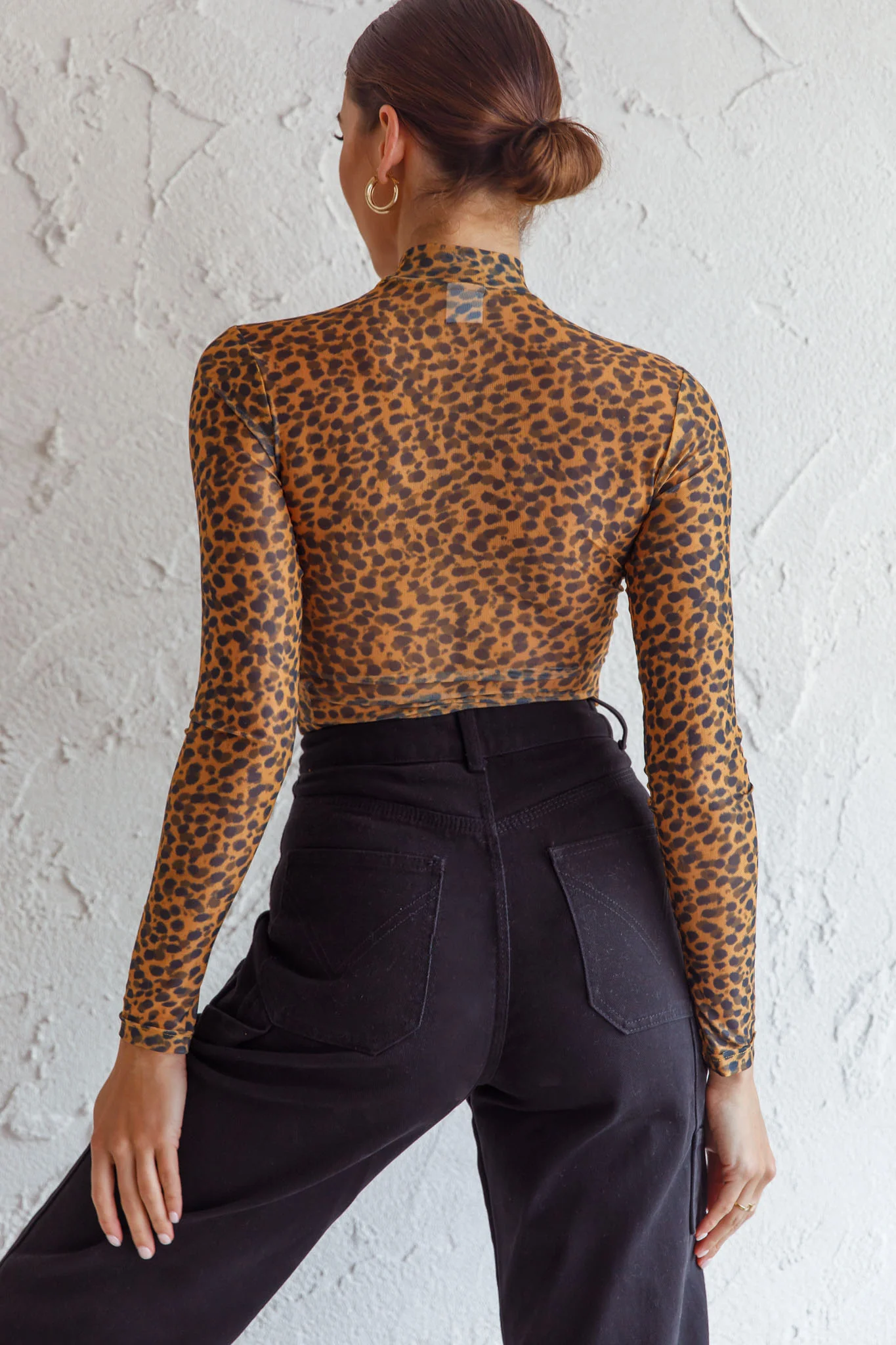Feelin' It Long Sleeve Turtleneck Sheer Bodysuit Orange Leopard Print - Seraphlike