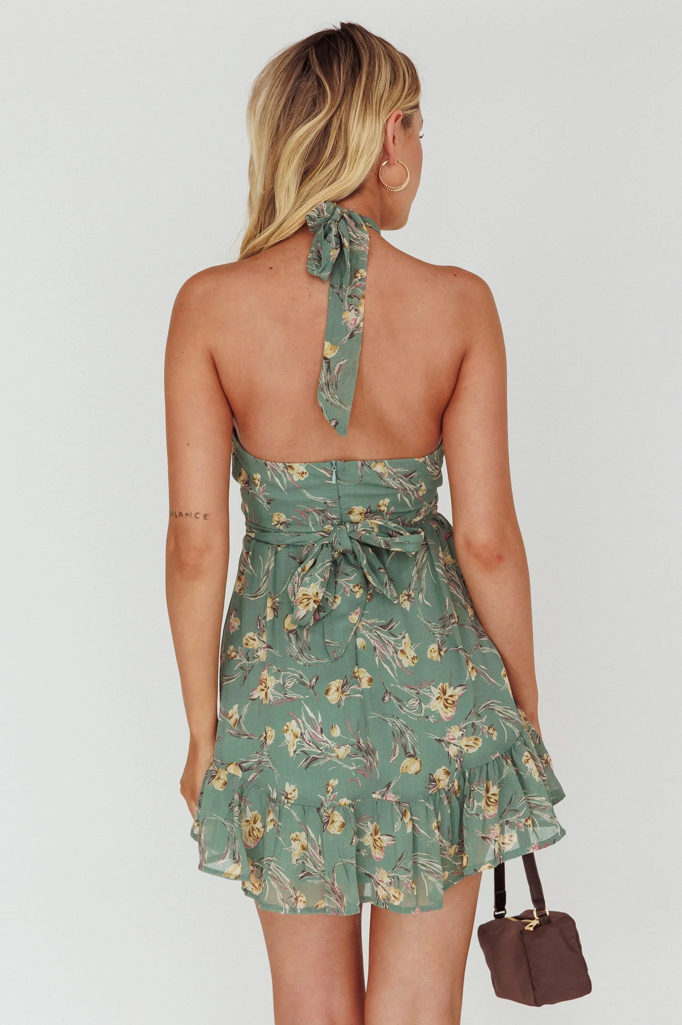 Chase Me Halterneck Mini Dress Floral Sage - Seraphlike