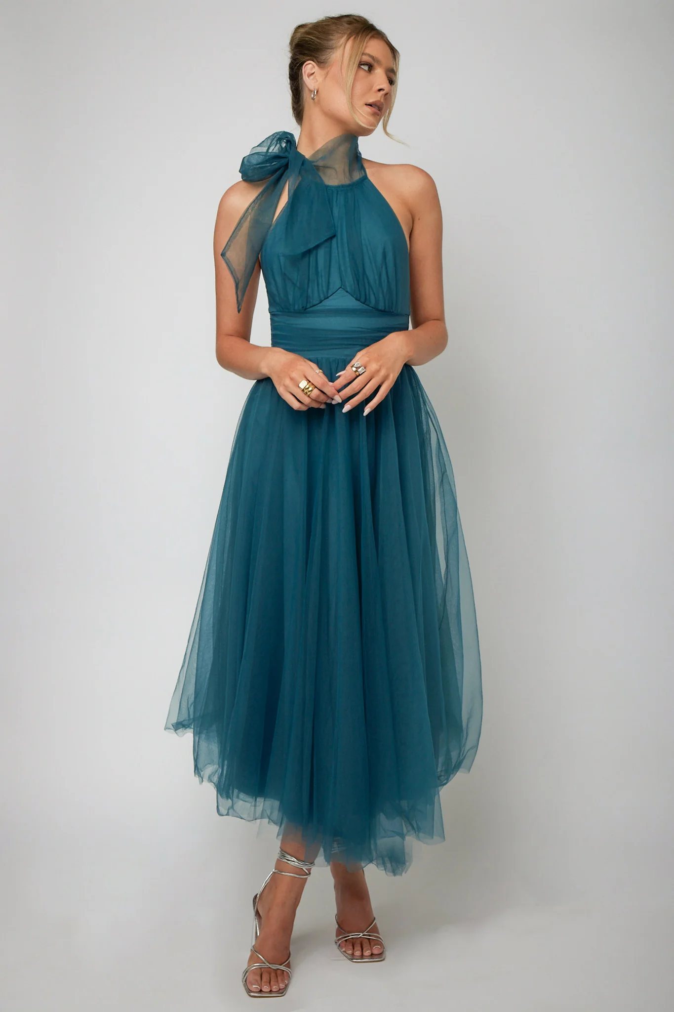 Andria Halterneck Tulle Midi Dress Teal - Seraphlike