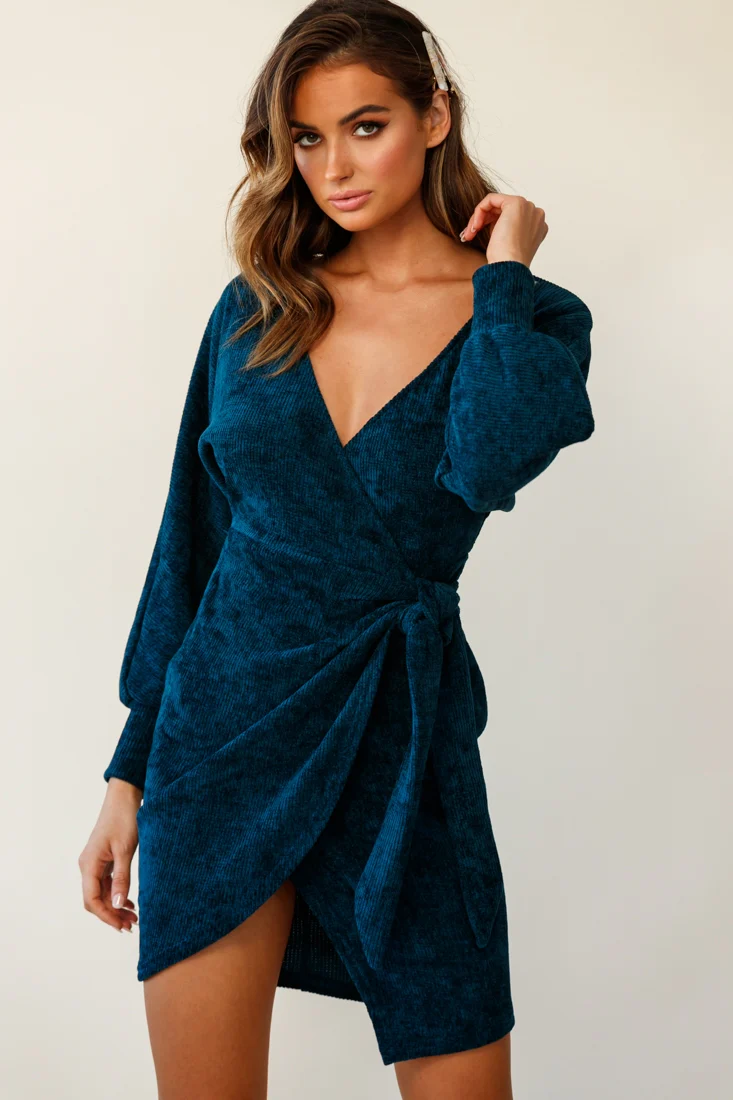 Isolde Ribbed Velour Wrap Dress Teal - Seraphlike