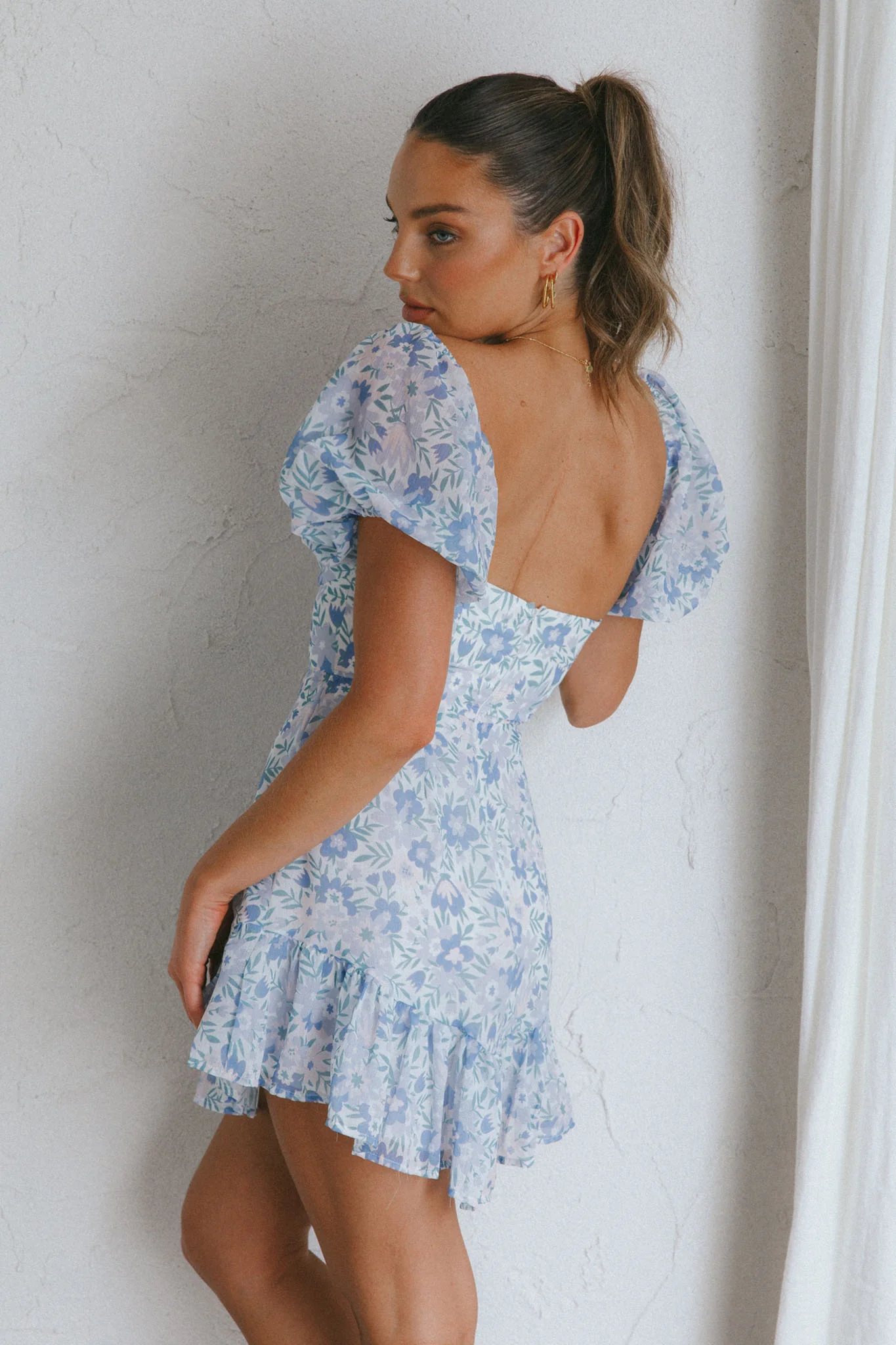 Cross My Heart V-Bust Frill Mini Dress Floral Blue - Seraphlike