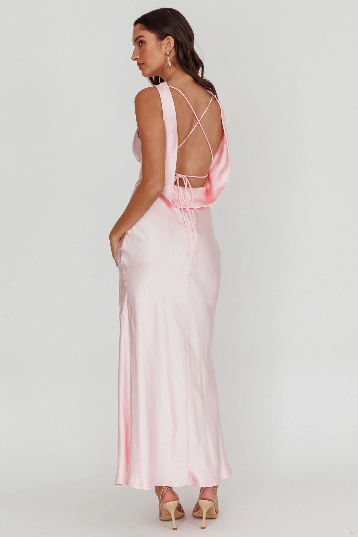 Isabella Satin Backless Maxi Dress Pink - Seraphlike