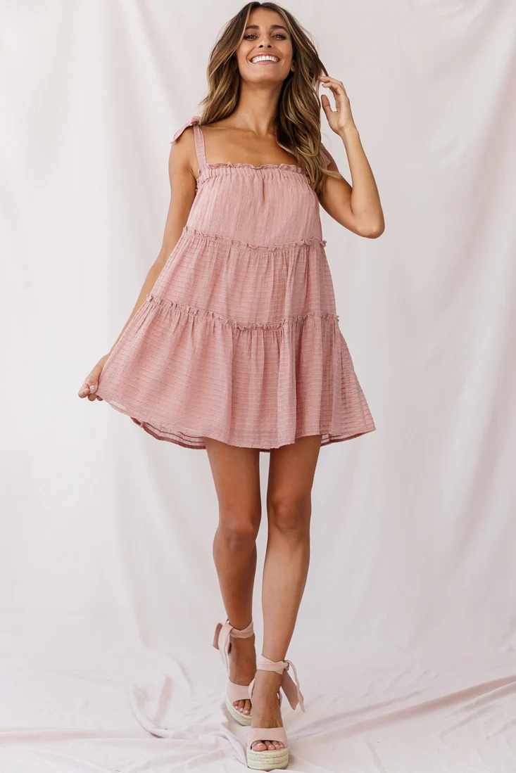 Dolly Layered Ruffle Tied Shoulder Strap Dress Rose - Seraphlike