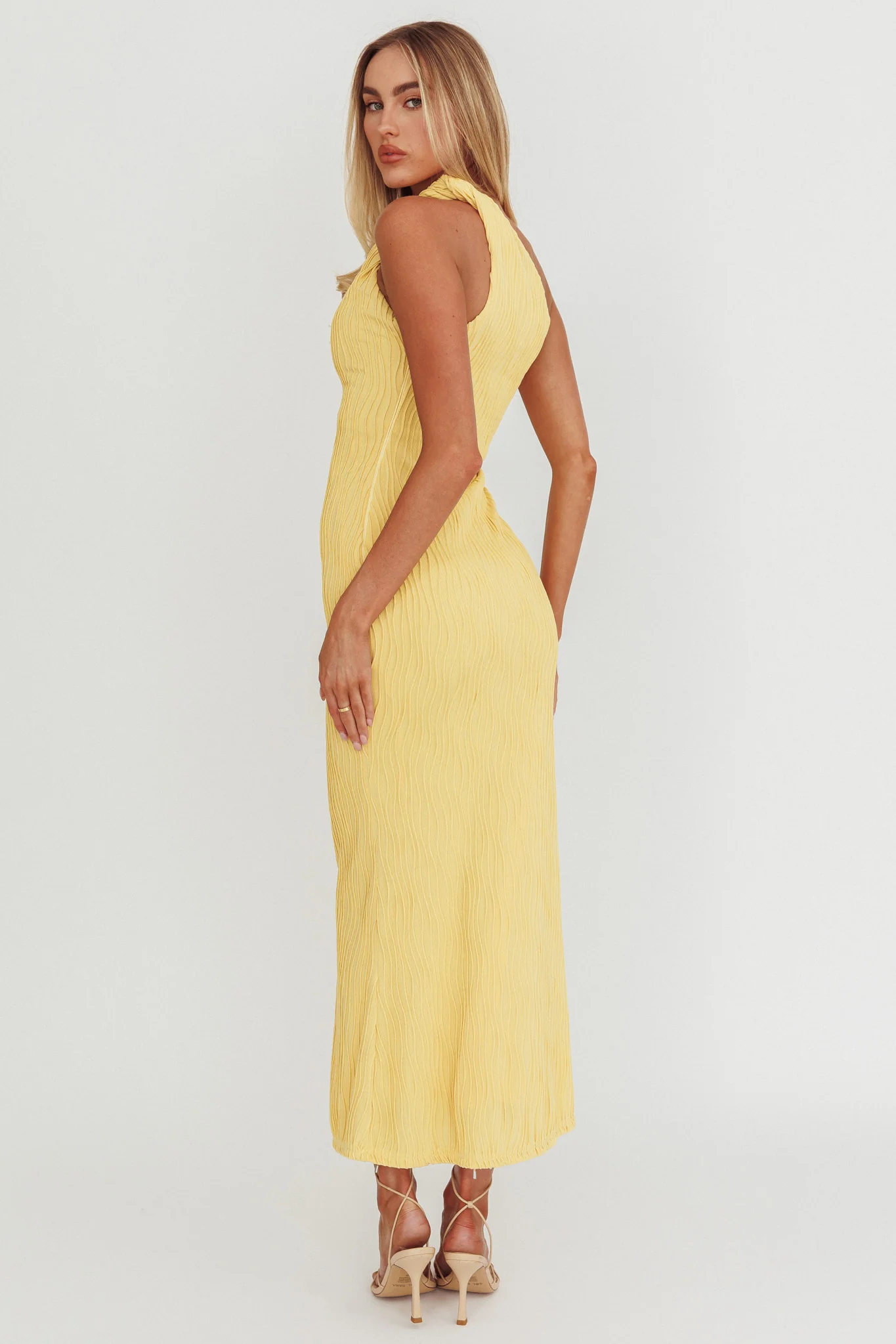 Lingering Love One-Shoulder Twist Midi Dress Lemon - Seraphlike