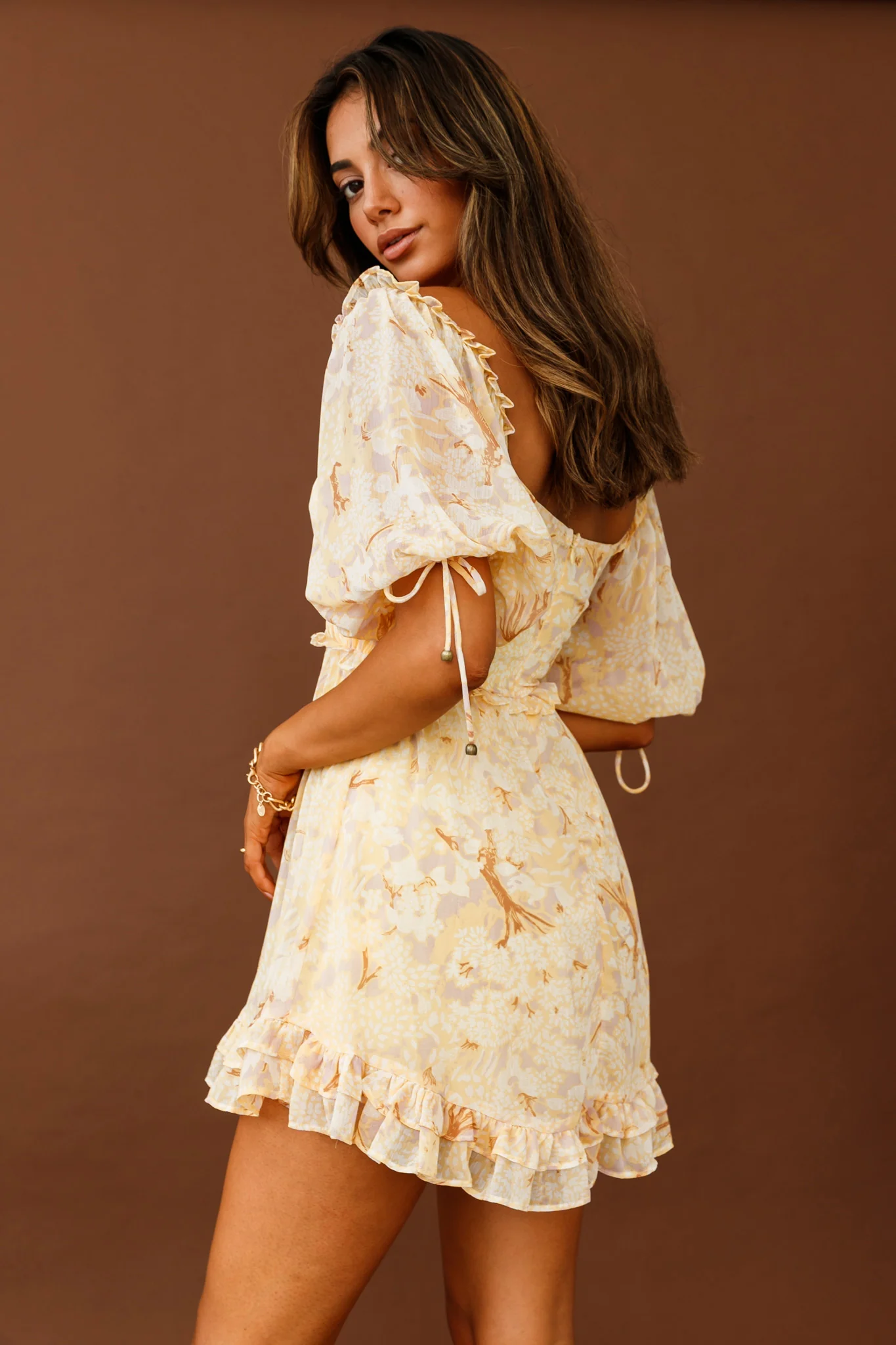 Kirra Puff Sleeve Ruched Bodice Dress Botanic Print Yellow - Seraphlike