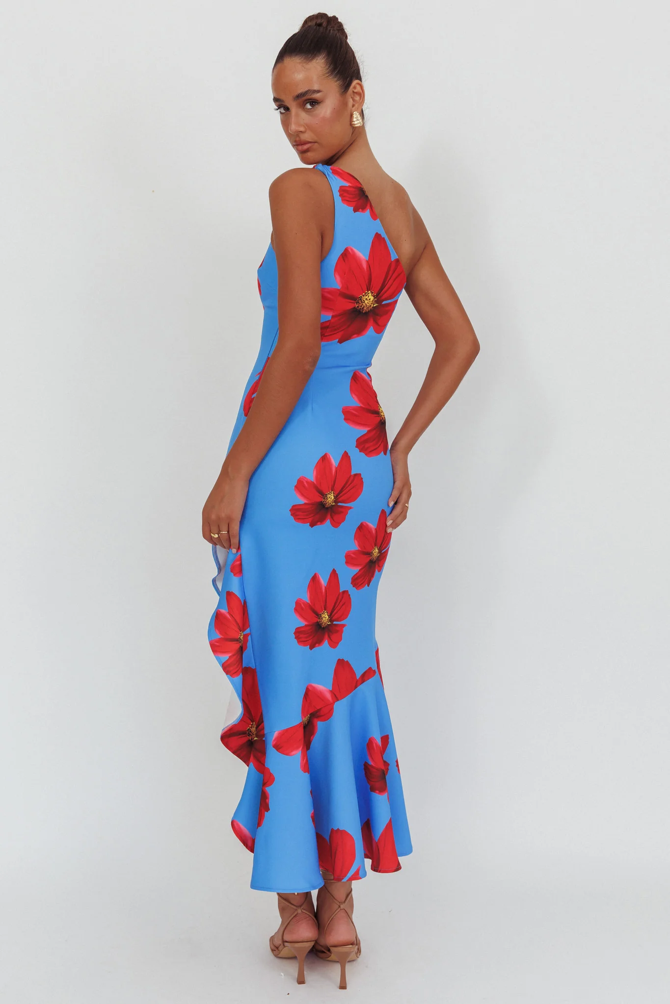 Lights On One-Shoulder Ruffle Hem Maxi Dress Floral Blue - Seraphlike