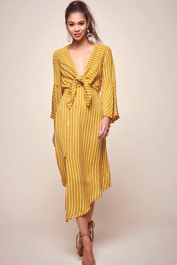 Jaedyn Waist Tie Bell Sleeve Dress Mustard - Seraphlike