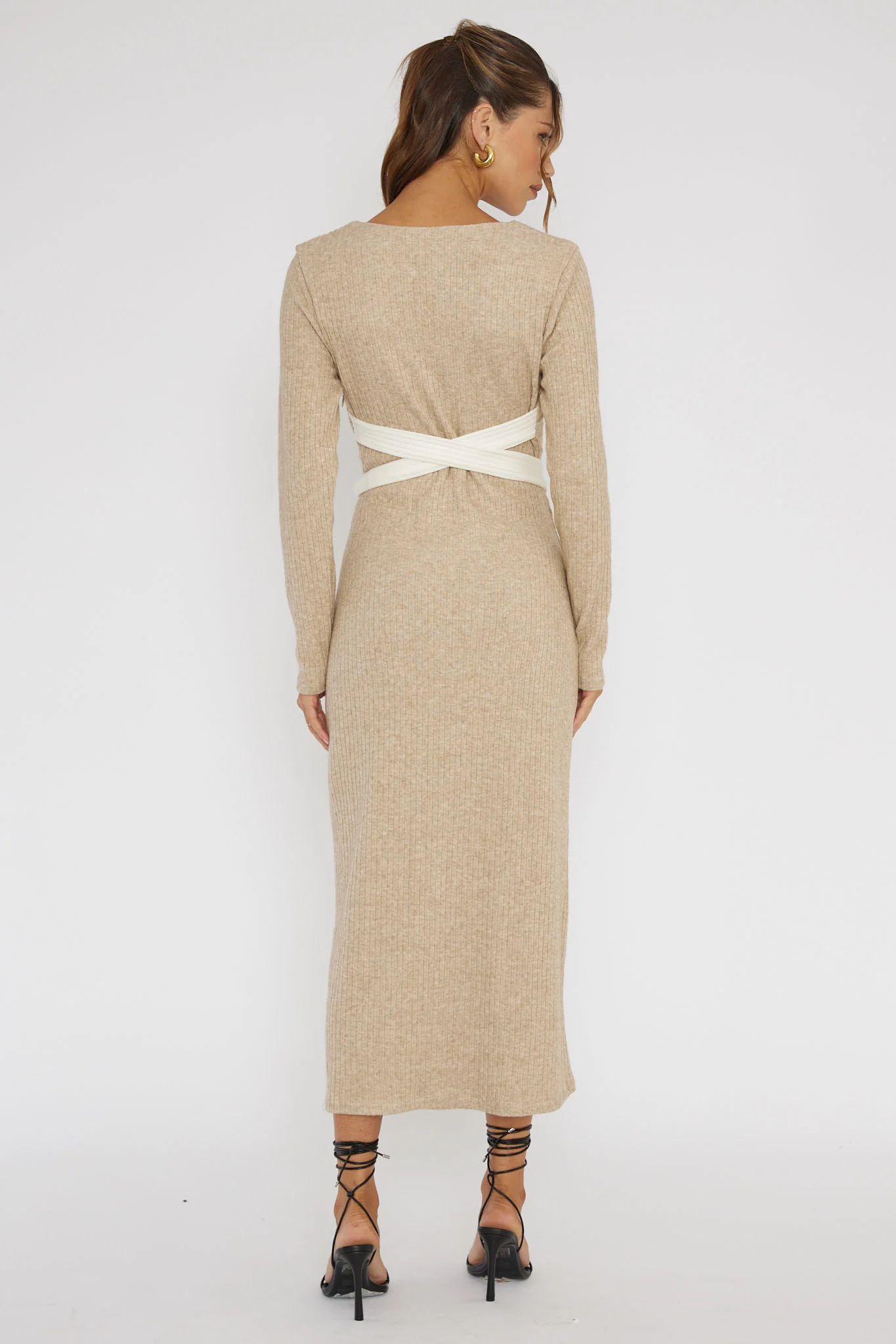 So Emotional Long Sleeve Cut-Out Knit Dress Oat - Seraphlike
