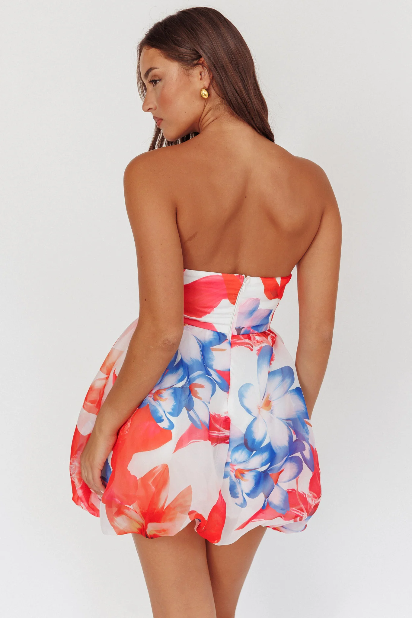Kandi Strapless Bubble Hem Skirt Floral White - Seraphlike