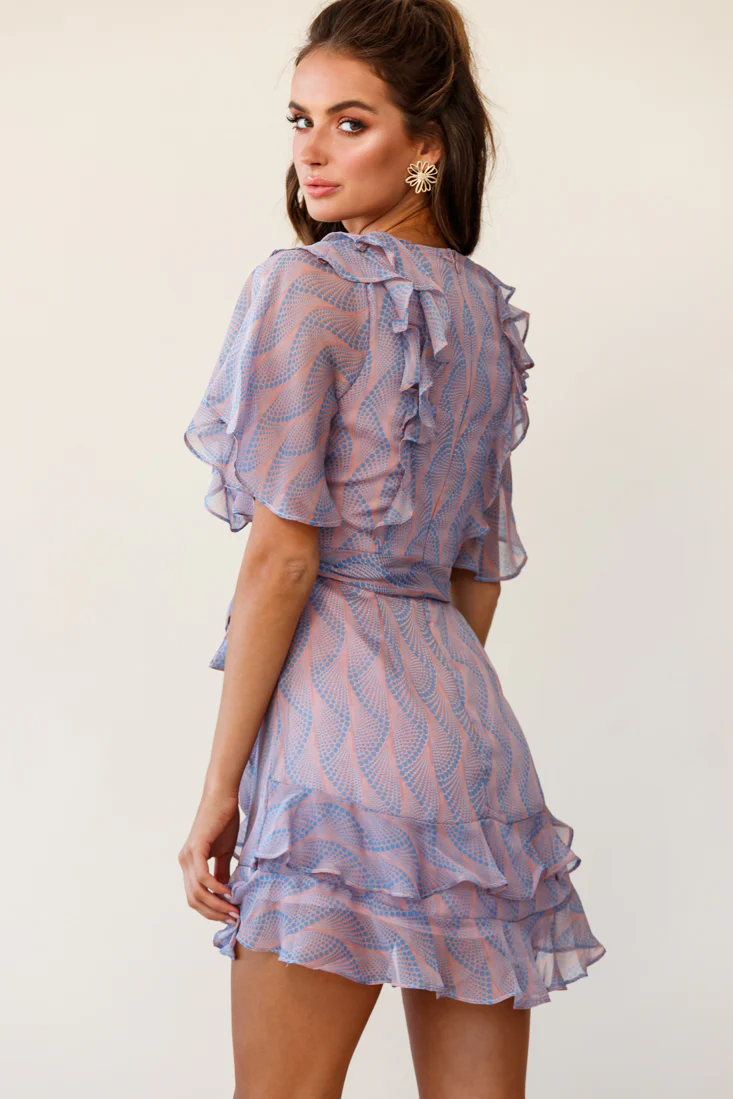 Sweet Talk Short Sleeve Ruffle Detail Dress Dot Pattern Rose/Blue - Seraphlike