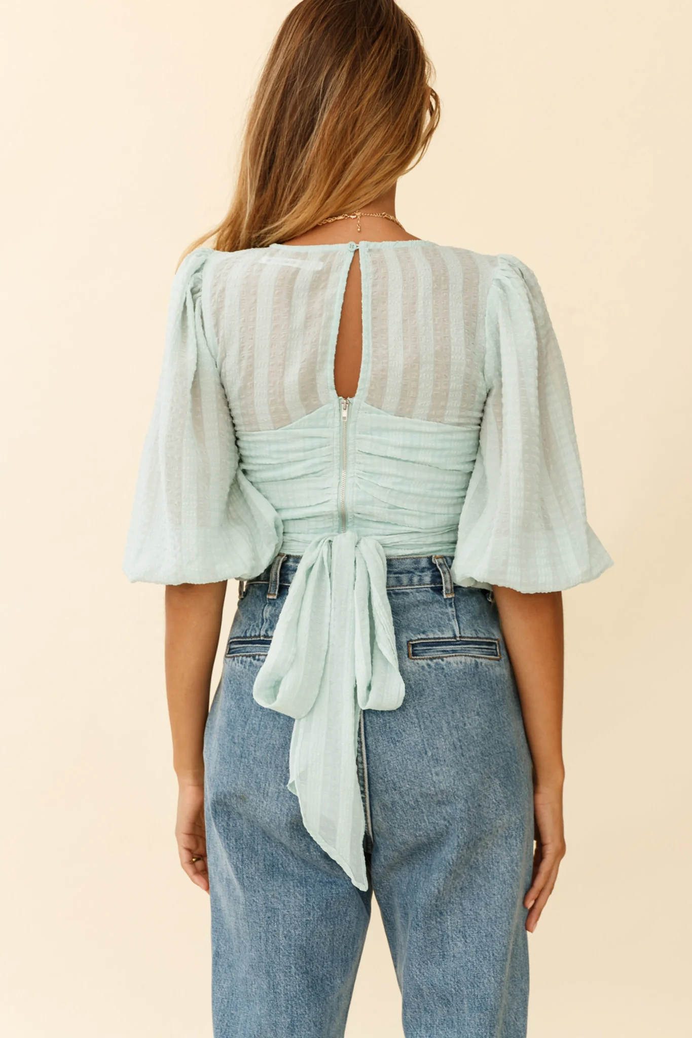 Emerson Puff Sleeve Waist Tie Top Mint - Seraphlike