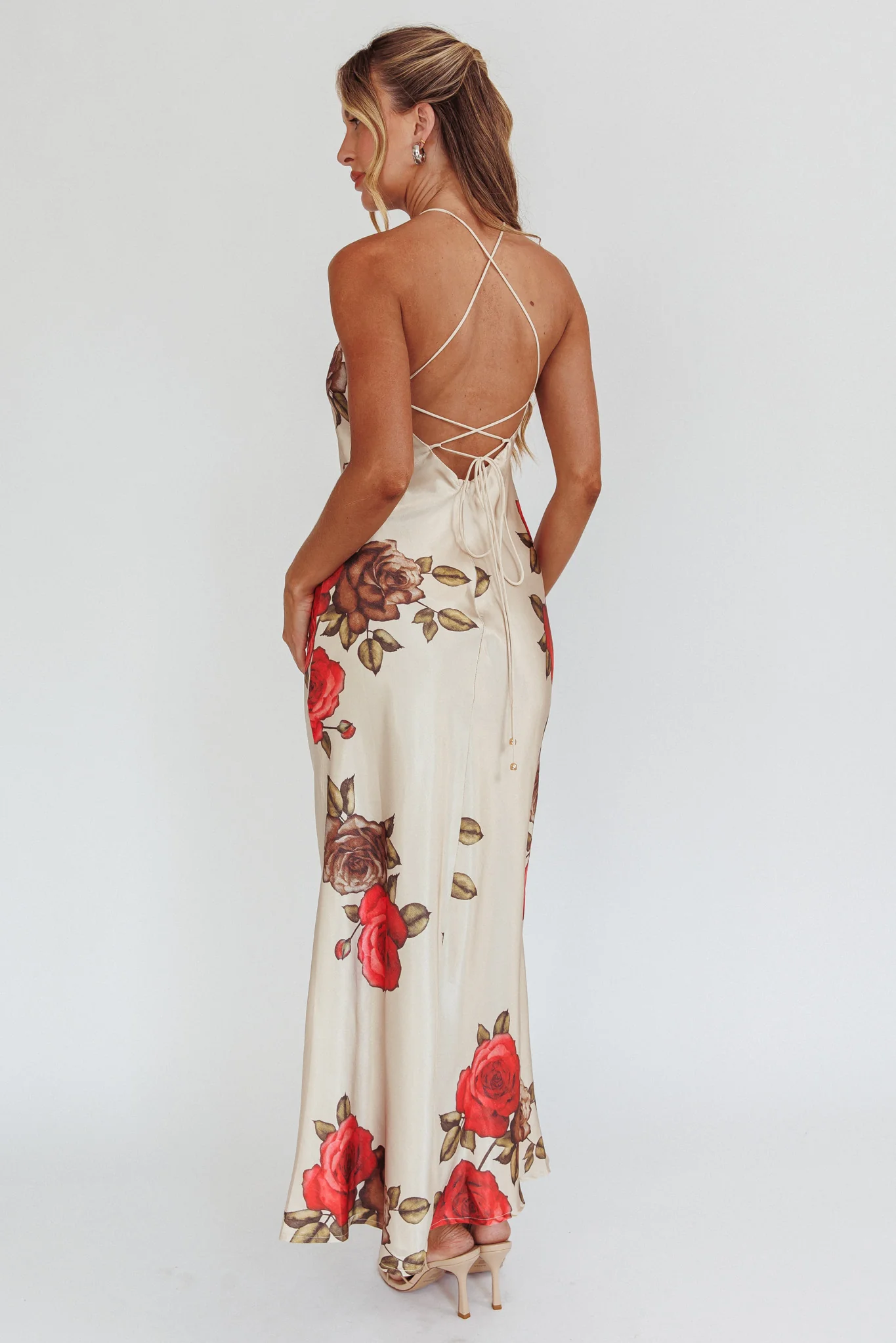 Aspen Spring Lace-Up Back Maxi Dress Floral Beige - Seraphlike
