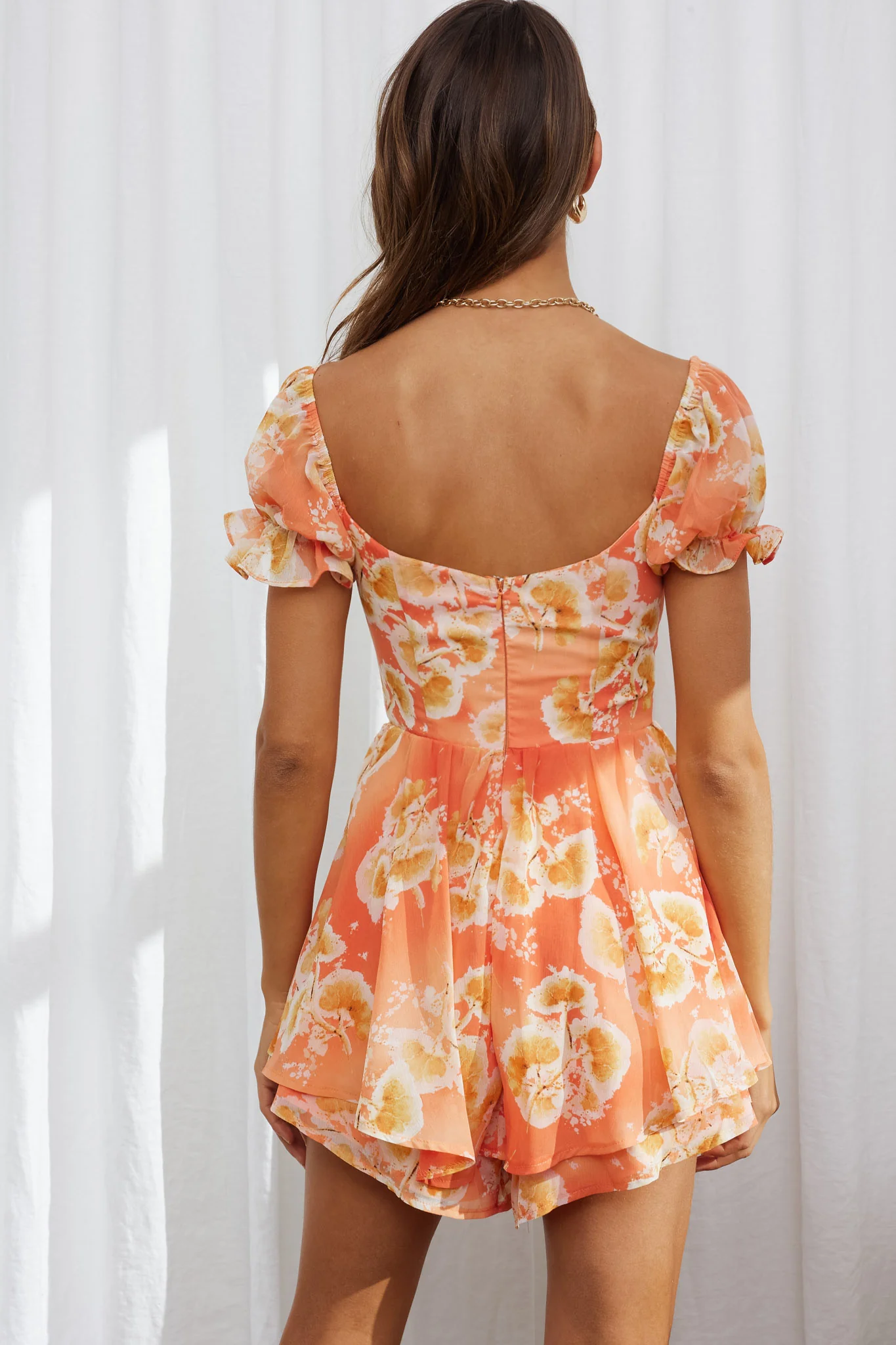 Sweet Romance Puff Sleeve Romper Watercolor Print Rust - Seraphlike