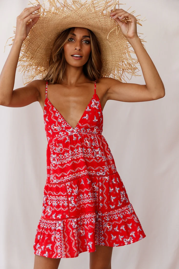 Ariya V-Neckline Frill Hem Sun Dress Red Print - Seraphlike