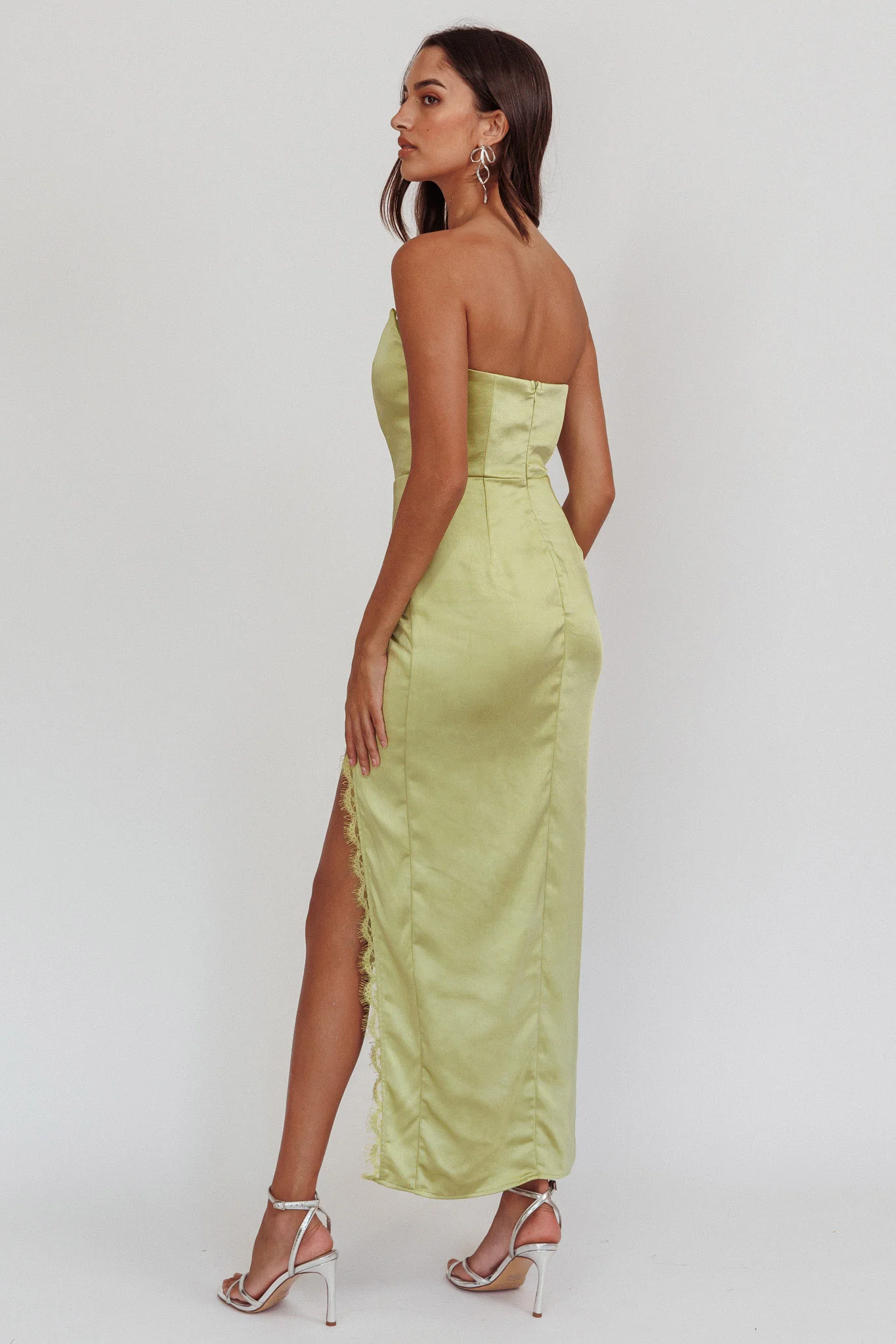 Winter Moon Strapless Lace Trim Midi Dress Sage - Seraphlike