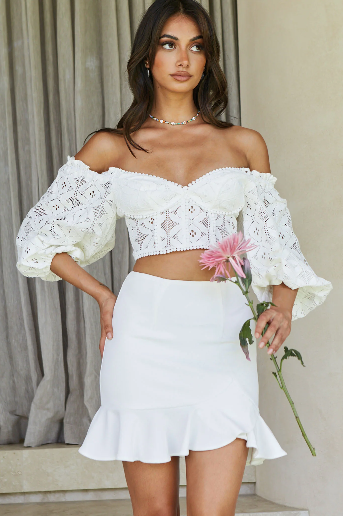 Talk About Me Puff Half Sleeve Circle Trim Crop Top White - Seraphlike