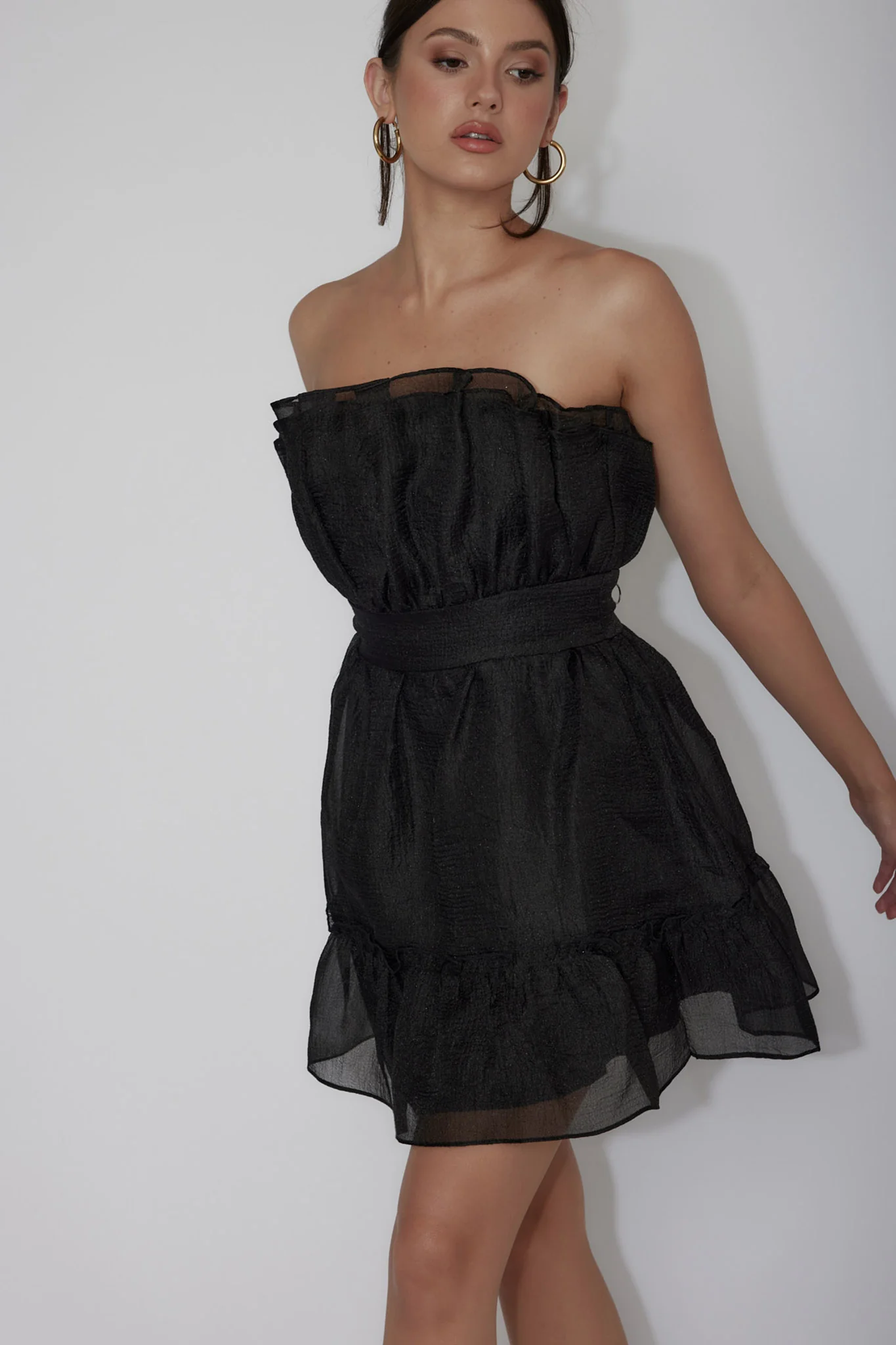 Marisela Strapless Frill Hem Mini Dress Black - Seraphlike