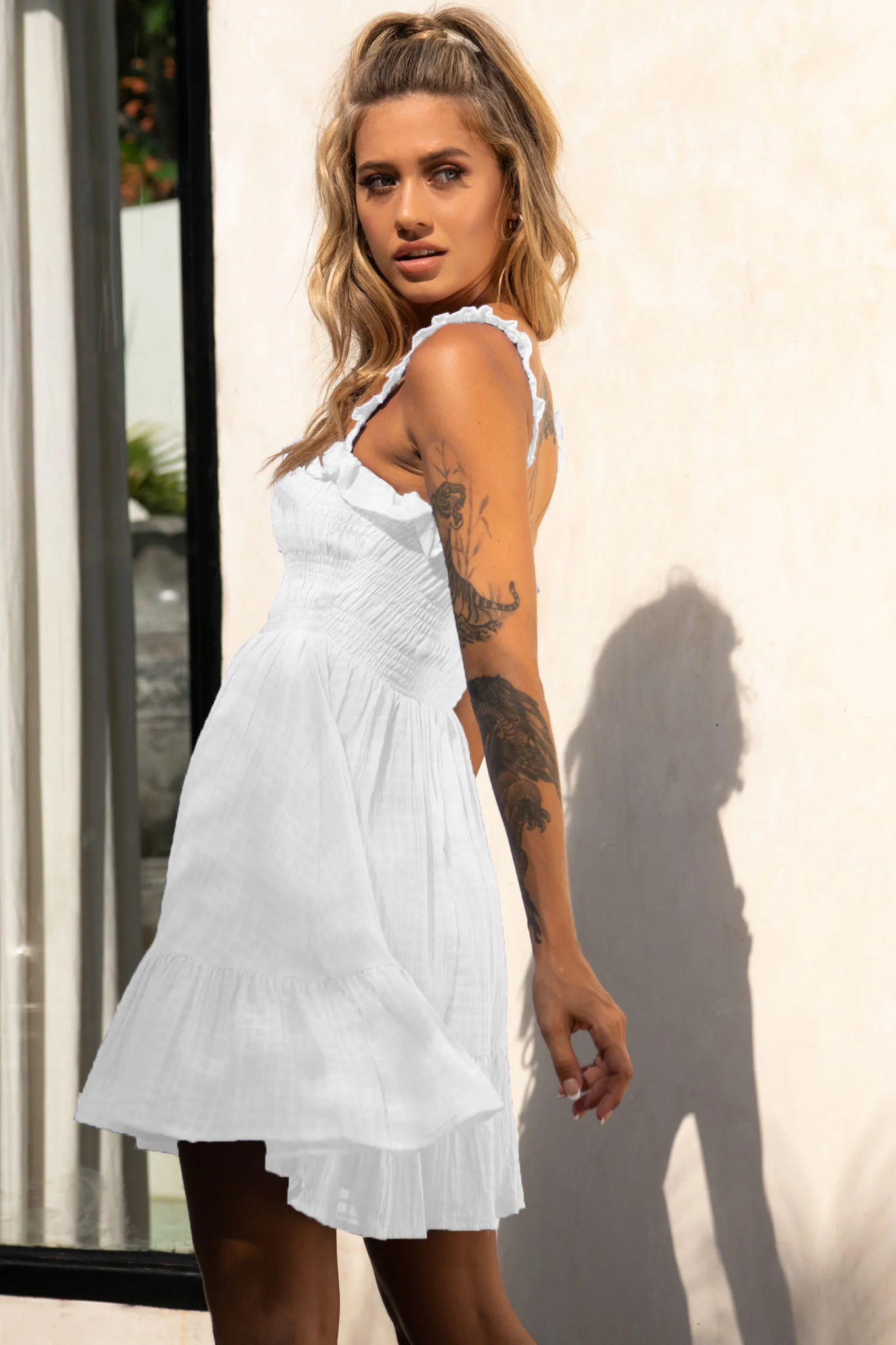 Flynn Frill Strap Shirred Bust Dress White - Seraphlike