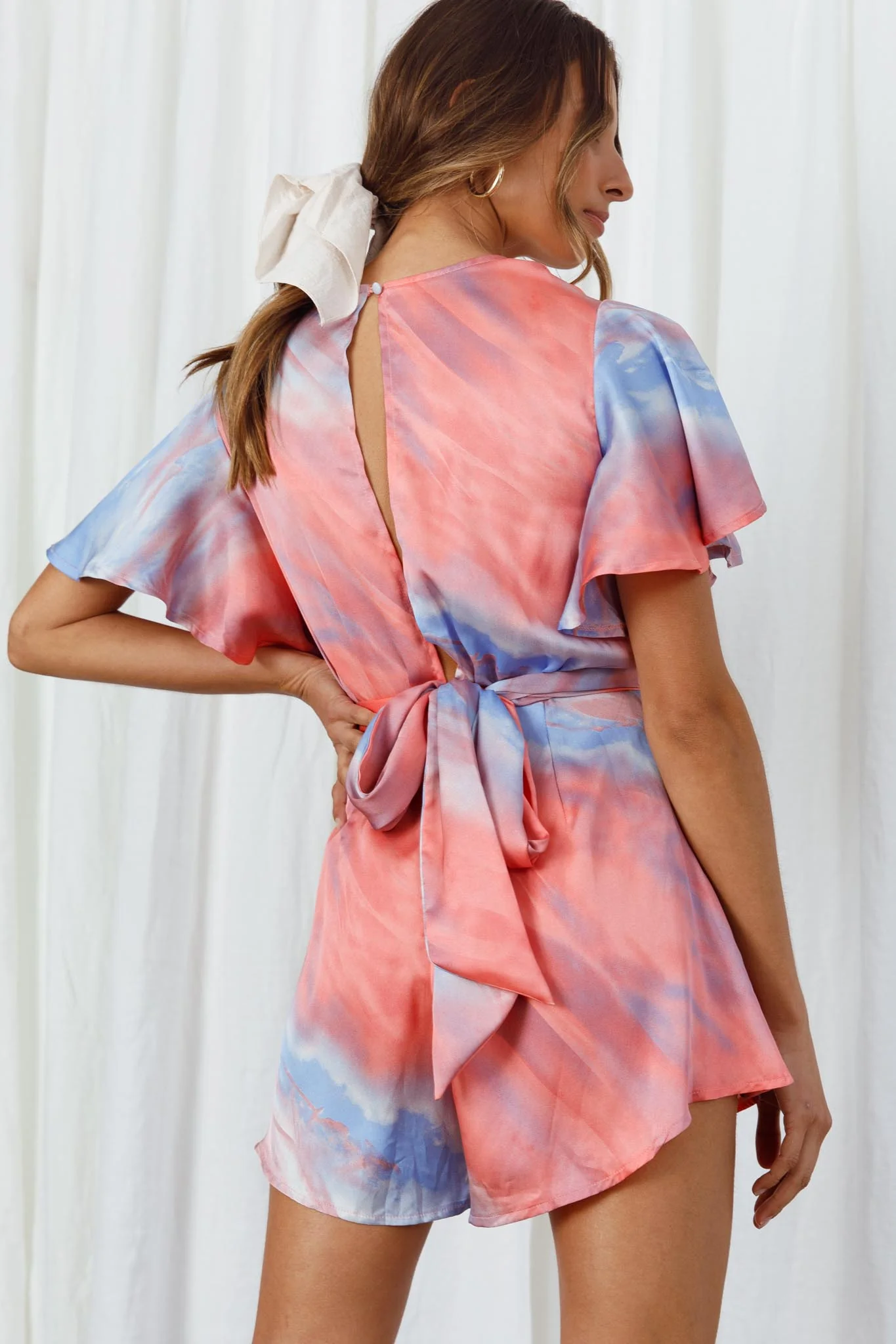 Unconditional Plunging Wrap Style Romper Marbled Tie Dye Red/Purple - Seraphlike