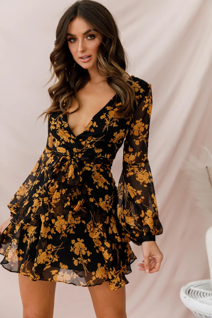 Kerry Layered Balloon Sleeve Dress Black/Orange - Seraphlike