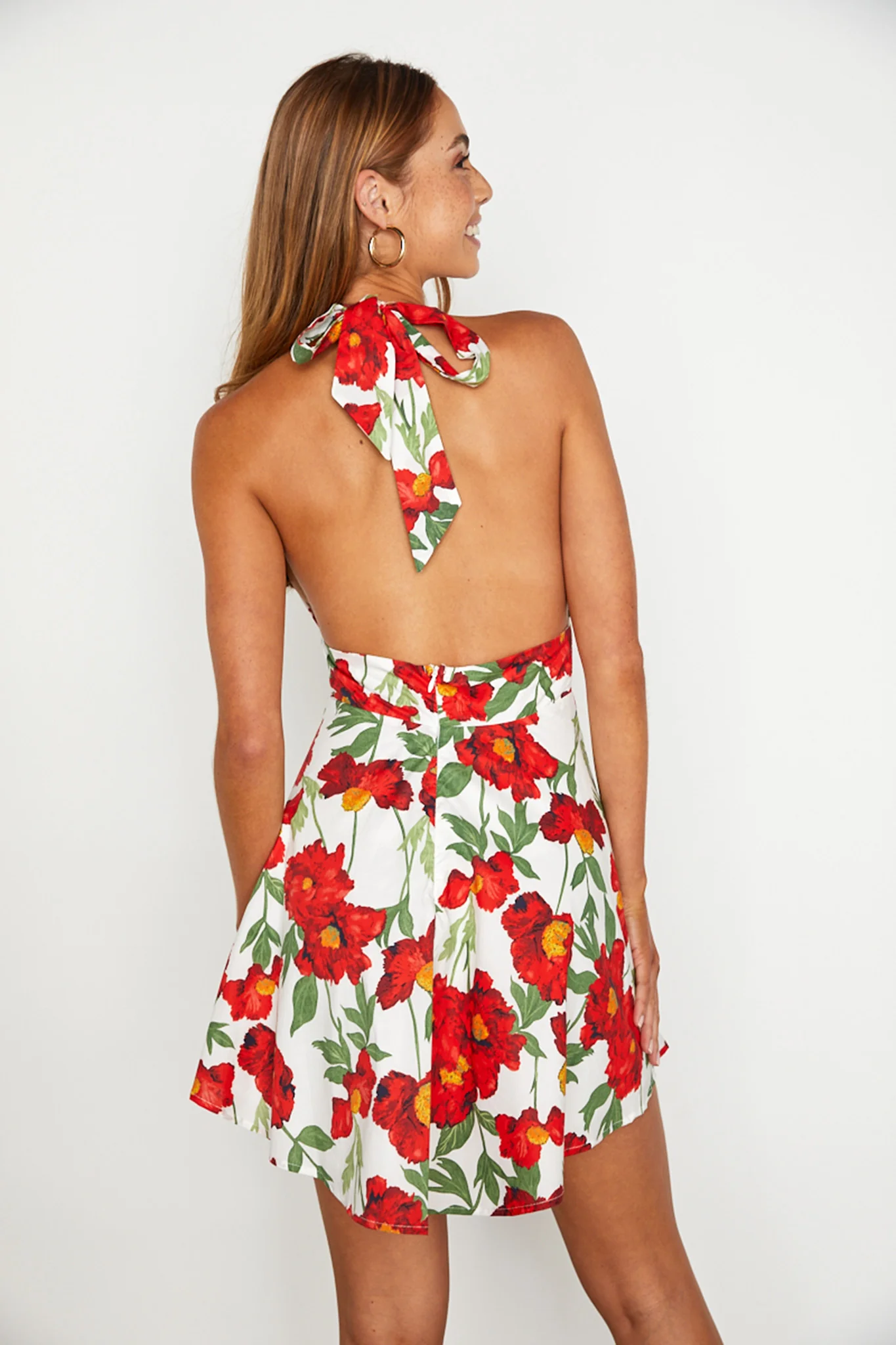 Ariana Halterneck Mini Dress Floral White/Red - Seraphlike