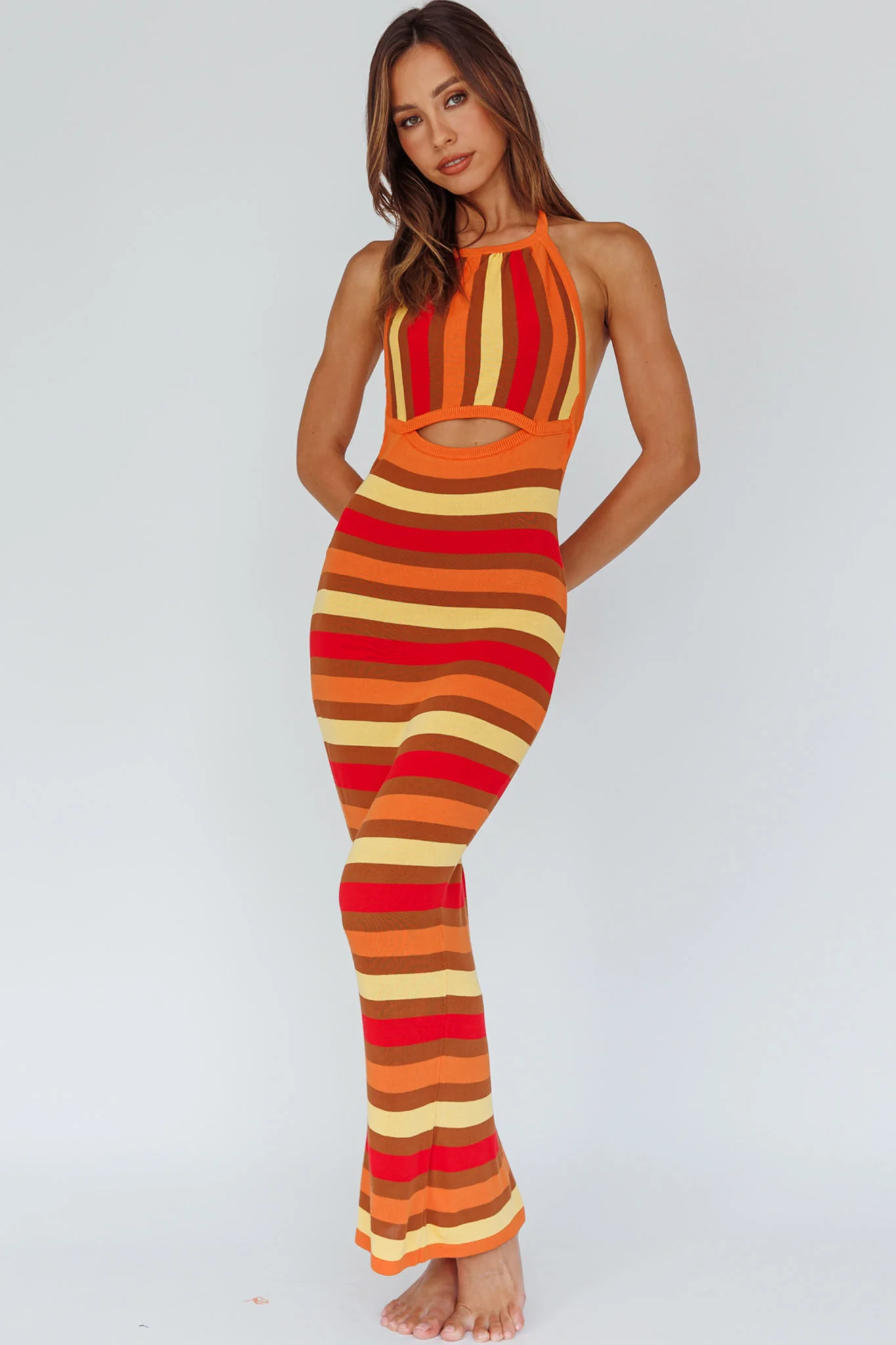 French Riviera Halterneck Knit Maxi Dress Brown/Orange - Seraphlike