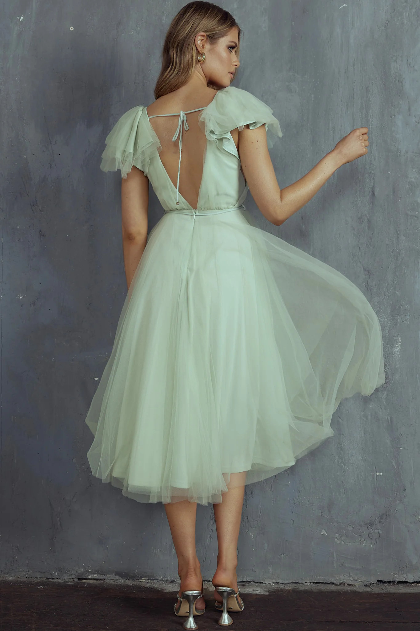 Leap Of Faith Frill Shoulder Tulle Midi Dress Pistachio - Seraphlike