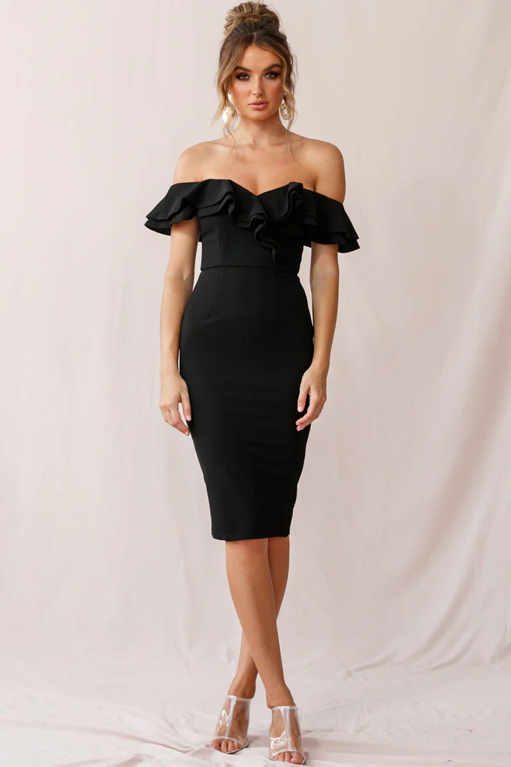 Rossi Ruffled Off The Shoulder Bodycon Dress Black - Seraphlike