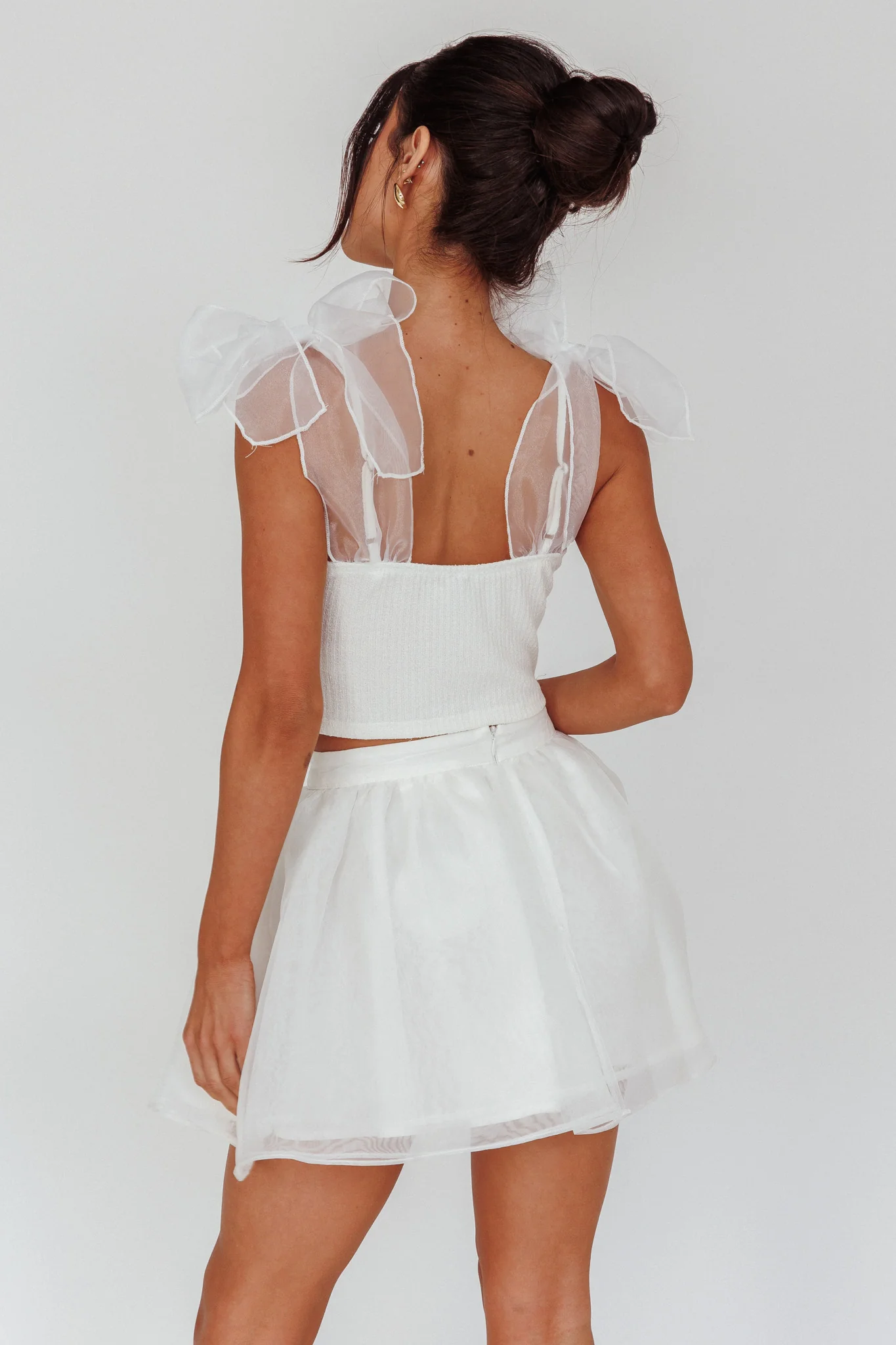 High Class Bow Shoulder Crop Top White - Seraphlike