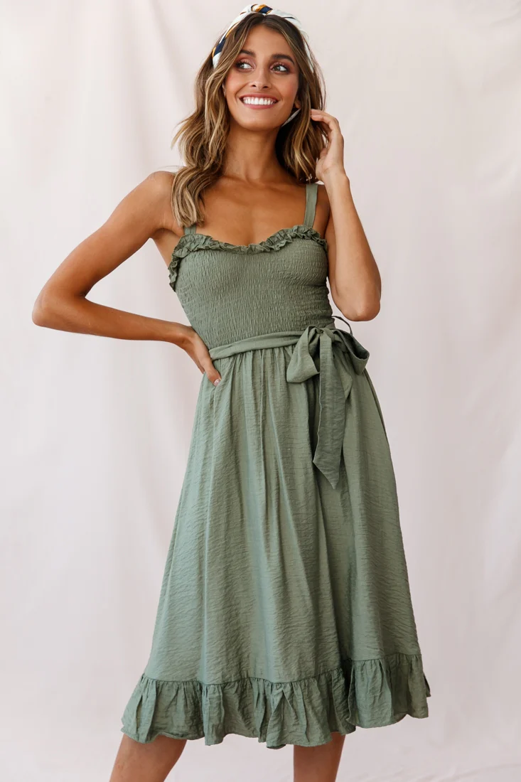 Honey Shirred Frill Midi Dress Olive - Seraphlike