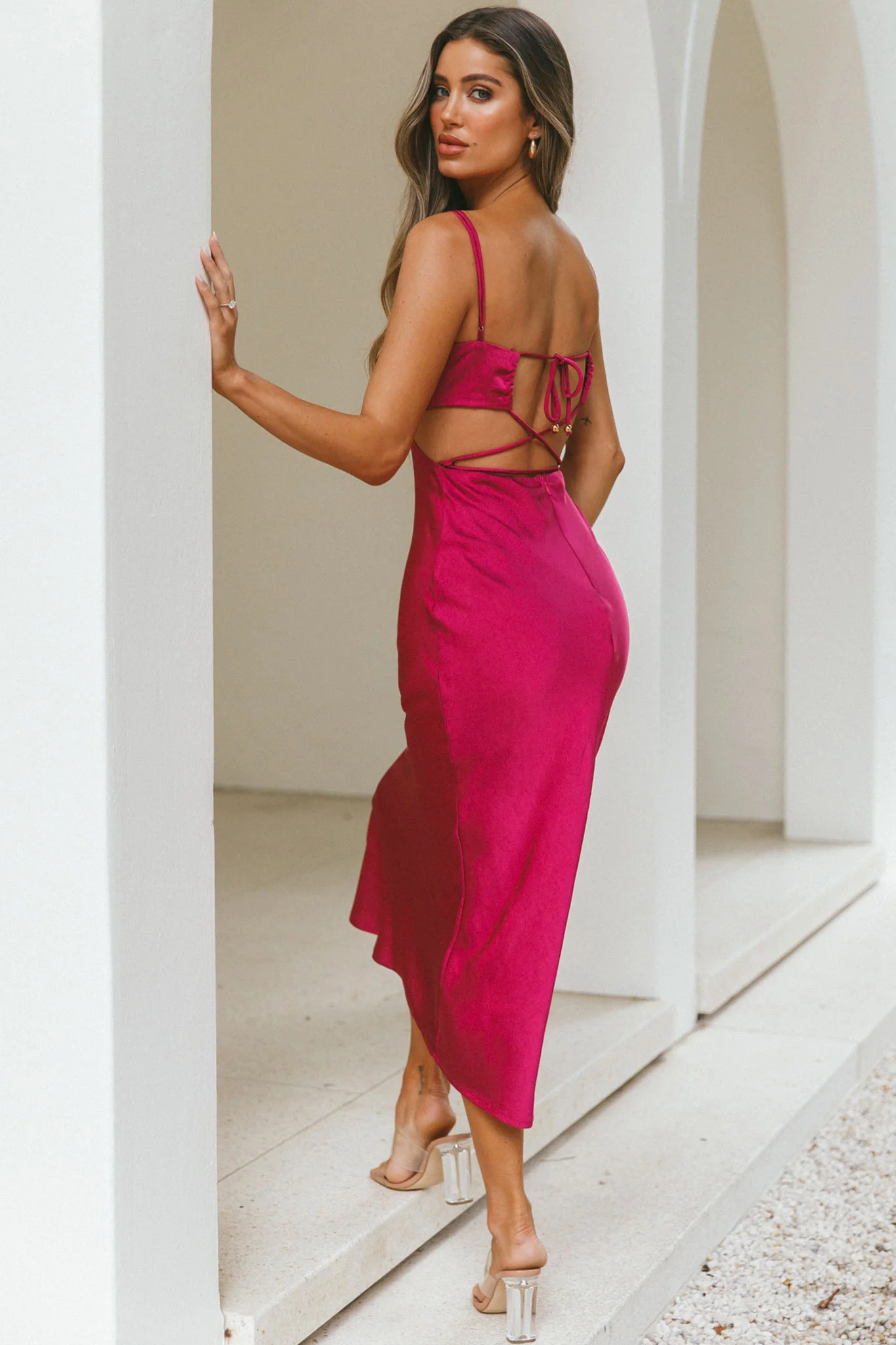 City Lights Cut-Out Waist Strappy Back Midi Dress Fuchsia - Seraphlike