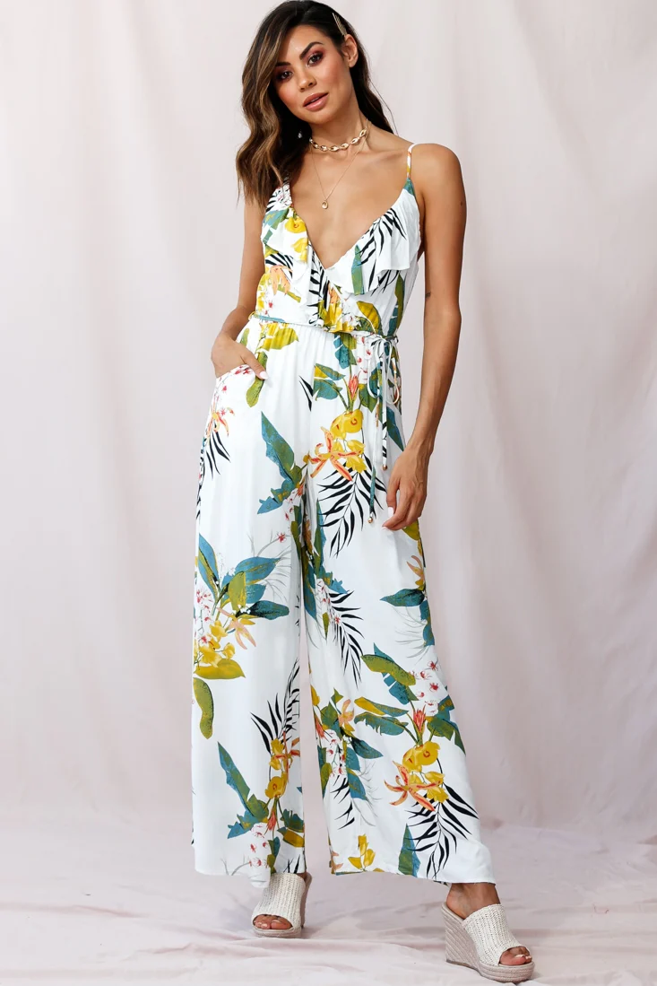 Melita Ruffle V-Neckline Jumpsuit Tropical Print White - Seraphlike