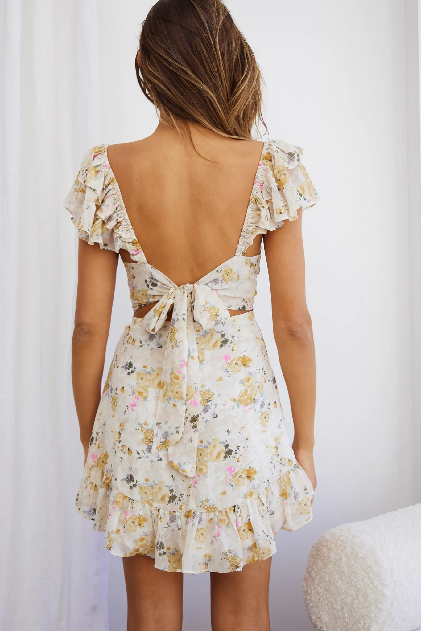 Lazy Sunday Frill Shoulder Tie-Up Back Dress Floral Print Beige - Seraphlike