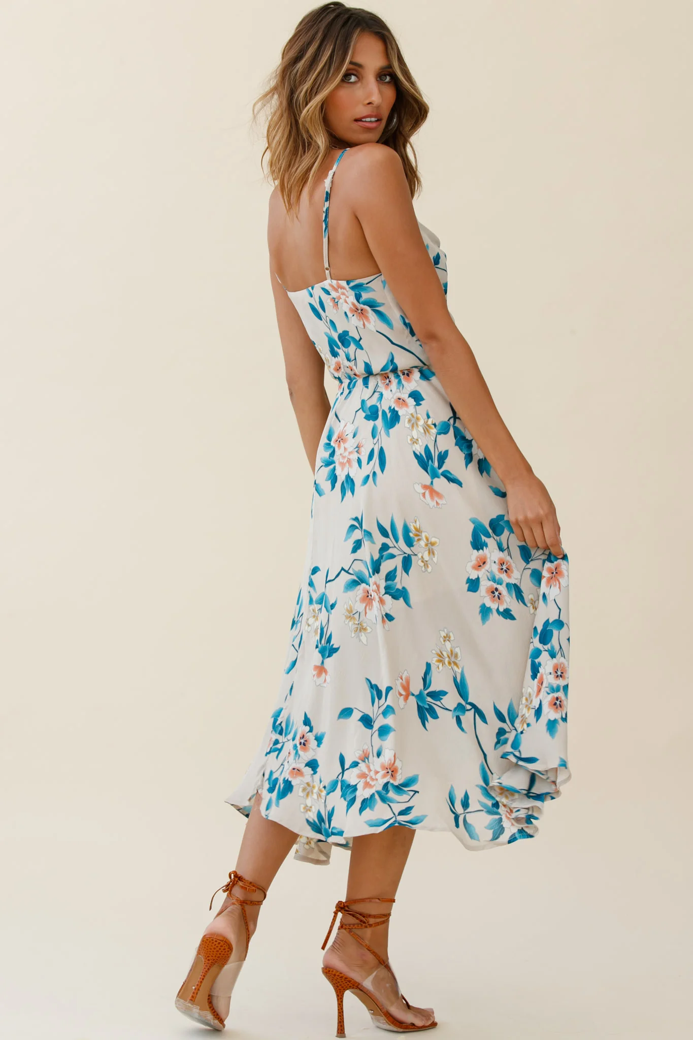 Ava Cowl Neck Drawstring Midi Dress Floral Print Mocha - Seraphlike