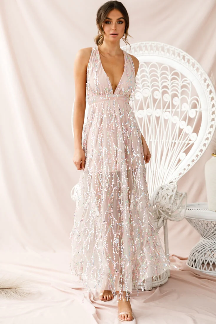 Tiara Sequin Maxi Dress Pink Champagne - Seraphlike