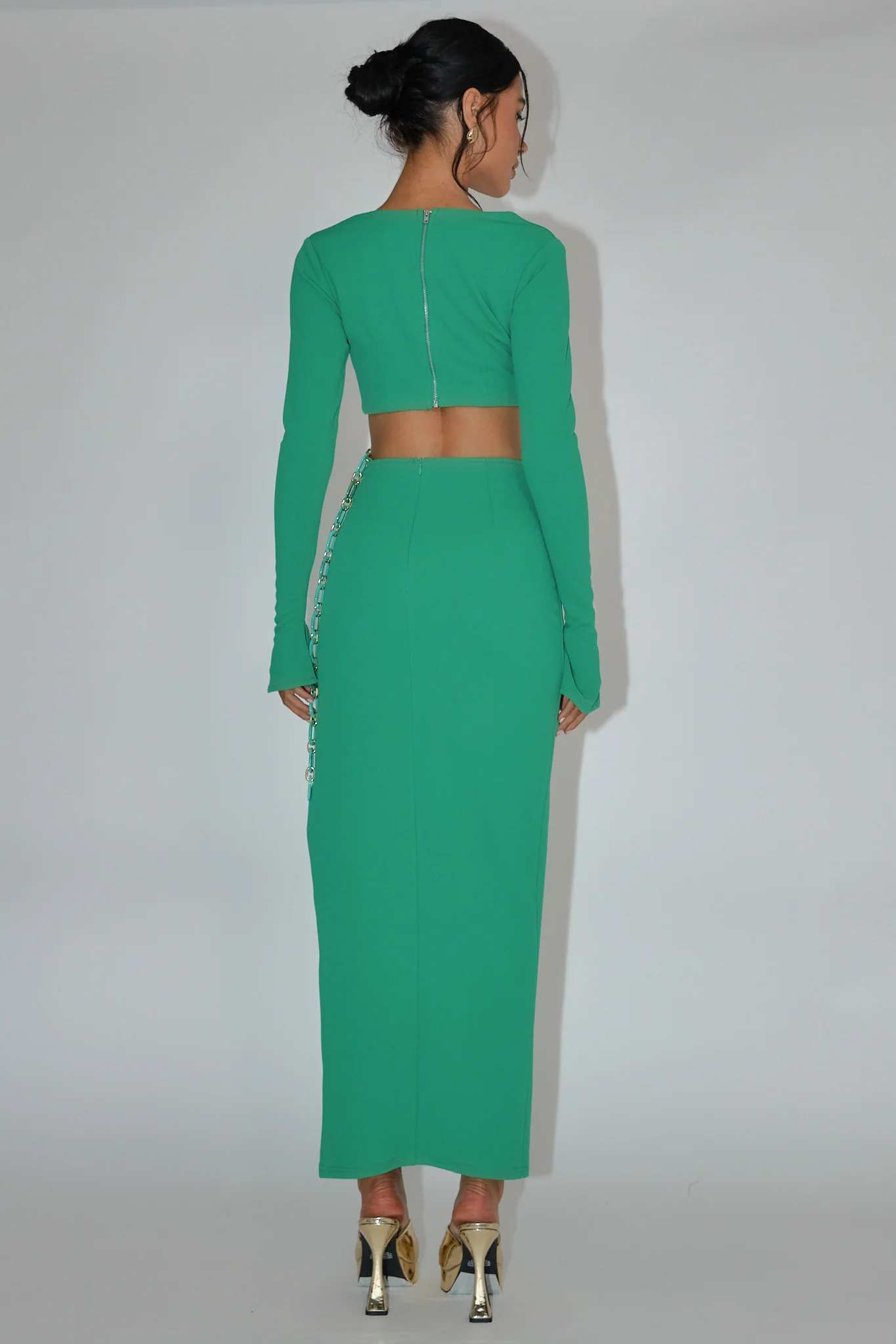 Sigournie Long Sleeve Chain Midi Dress Green - Seraphlike
