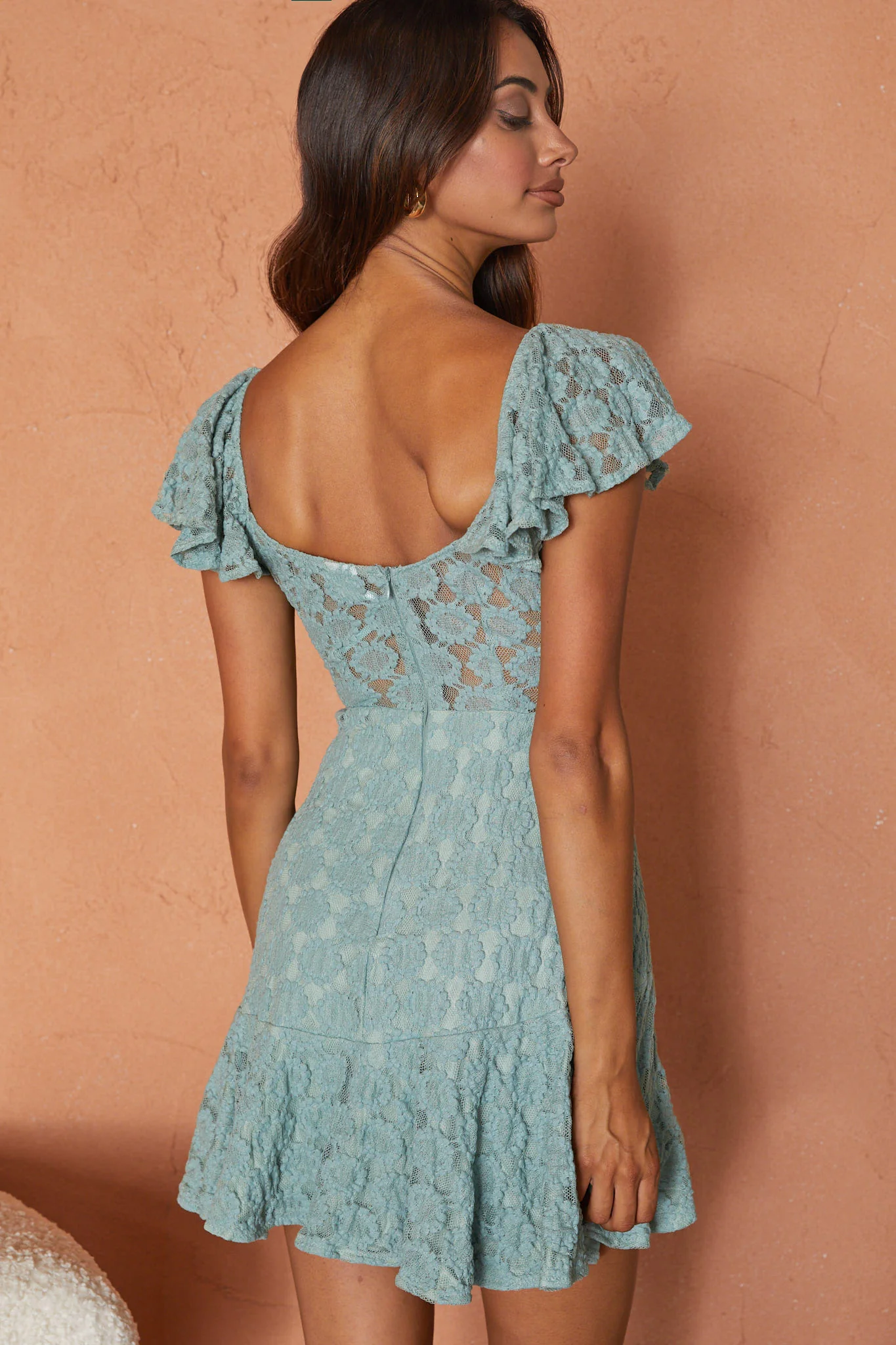 Secret Crush Flutter Sleeve Floral Lace Ruffle Hem Dress Mint - Seraphlike