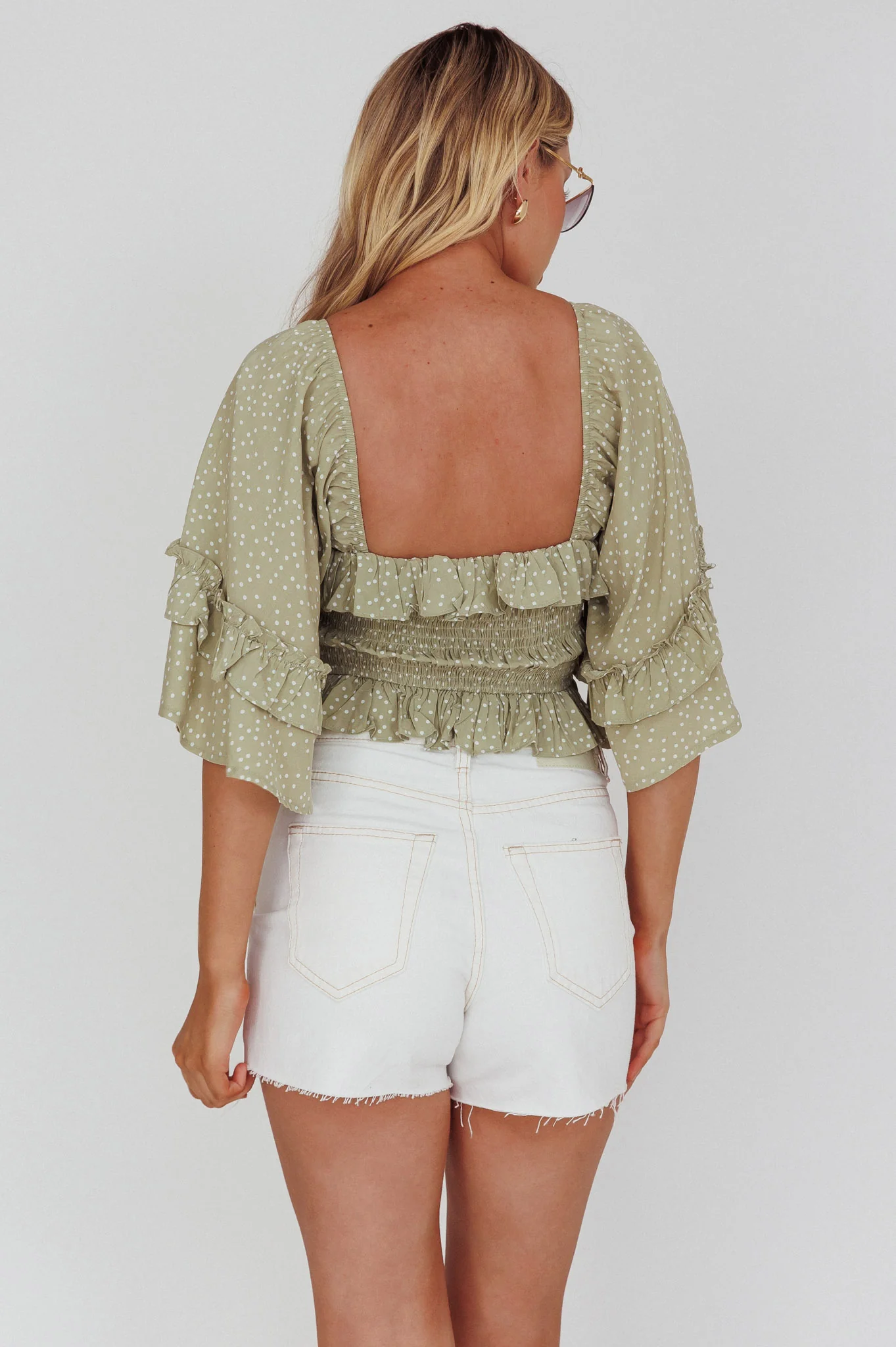 Boardwalk Bell Sleeve Crop Top Spotty Sage - Seraphlike