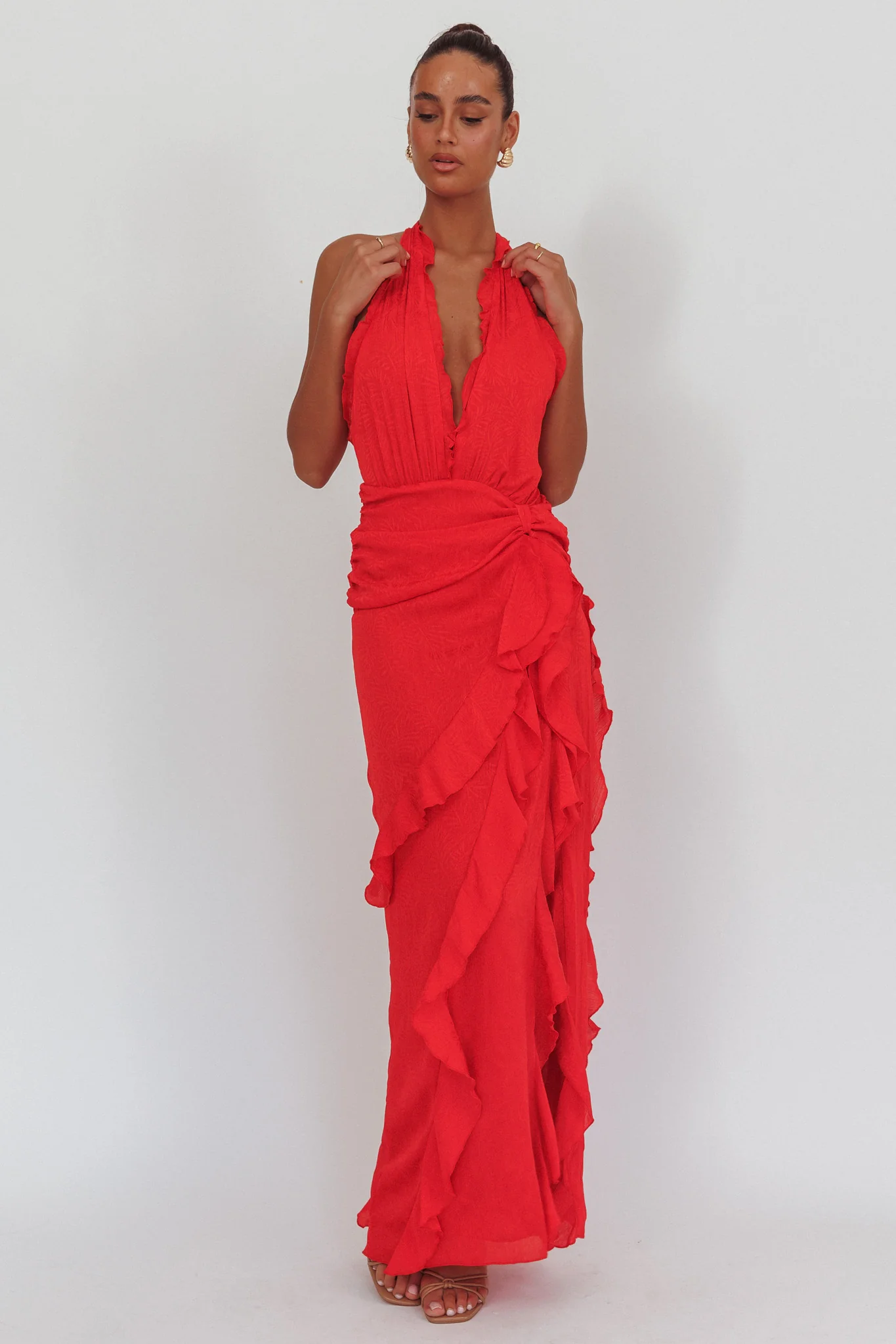 Libre Plunging Halter Ruffle Maxi Dress Red - Seraphlike