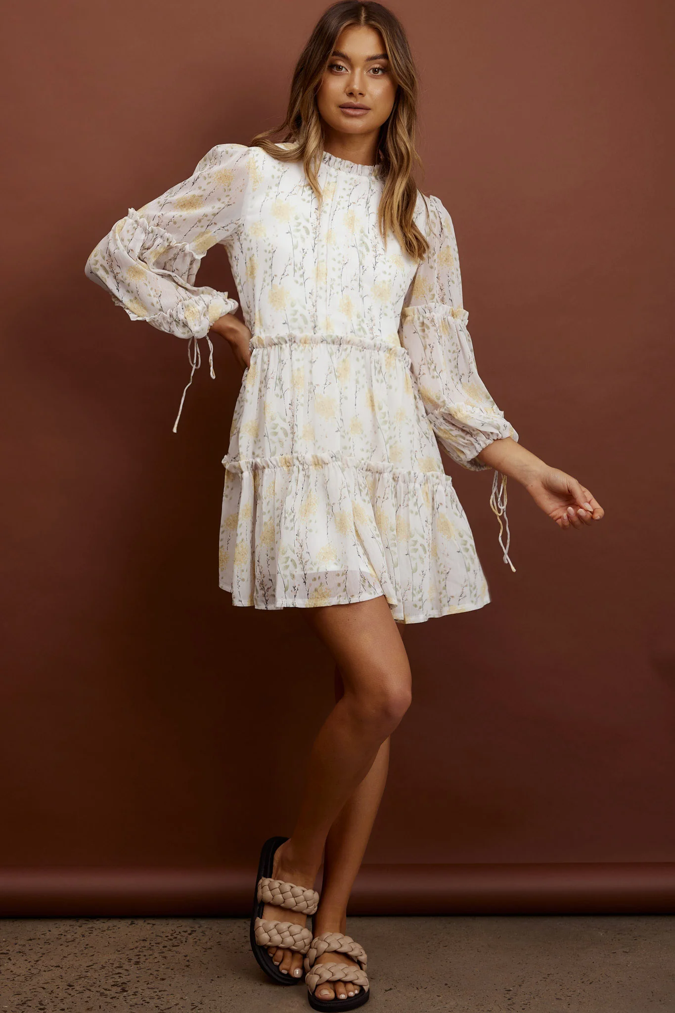 Beatrix High Neck Balloon Sleeve Dress Floral Yellow - Seraphlike