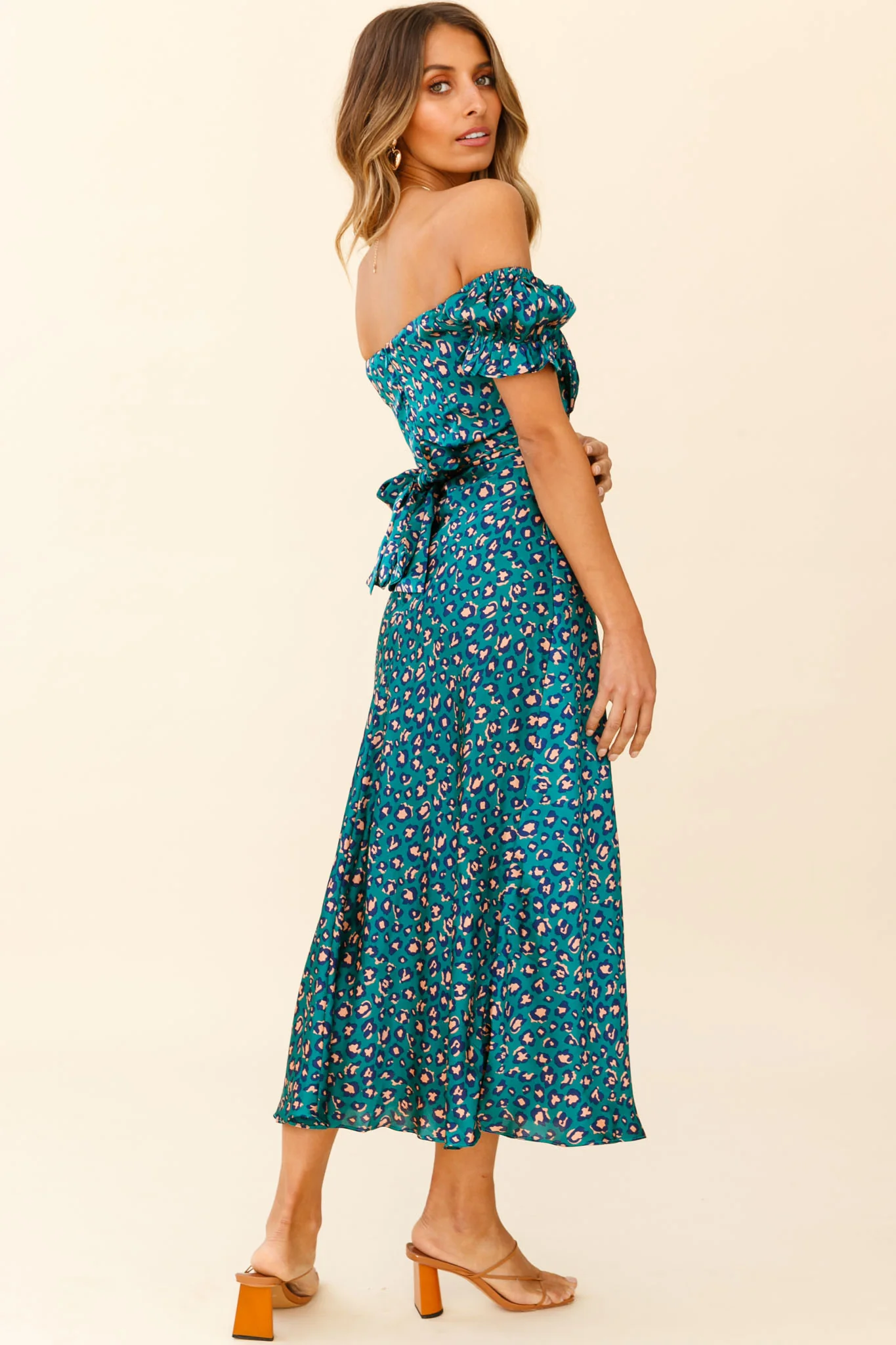 Linka Off-Shoulder Tie Back Midi Dress Leopard Print Green - Seraphlike