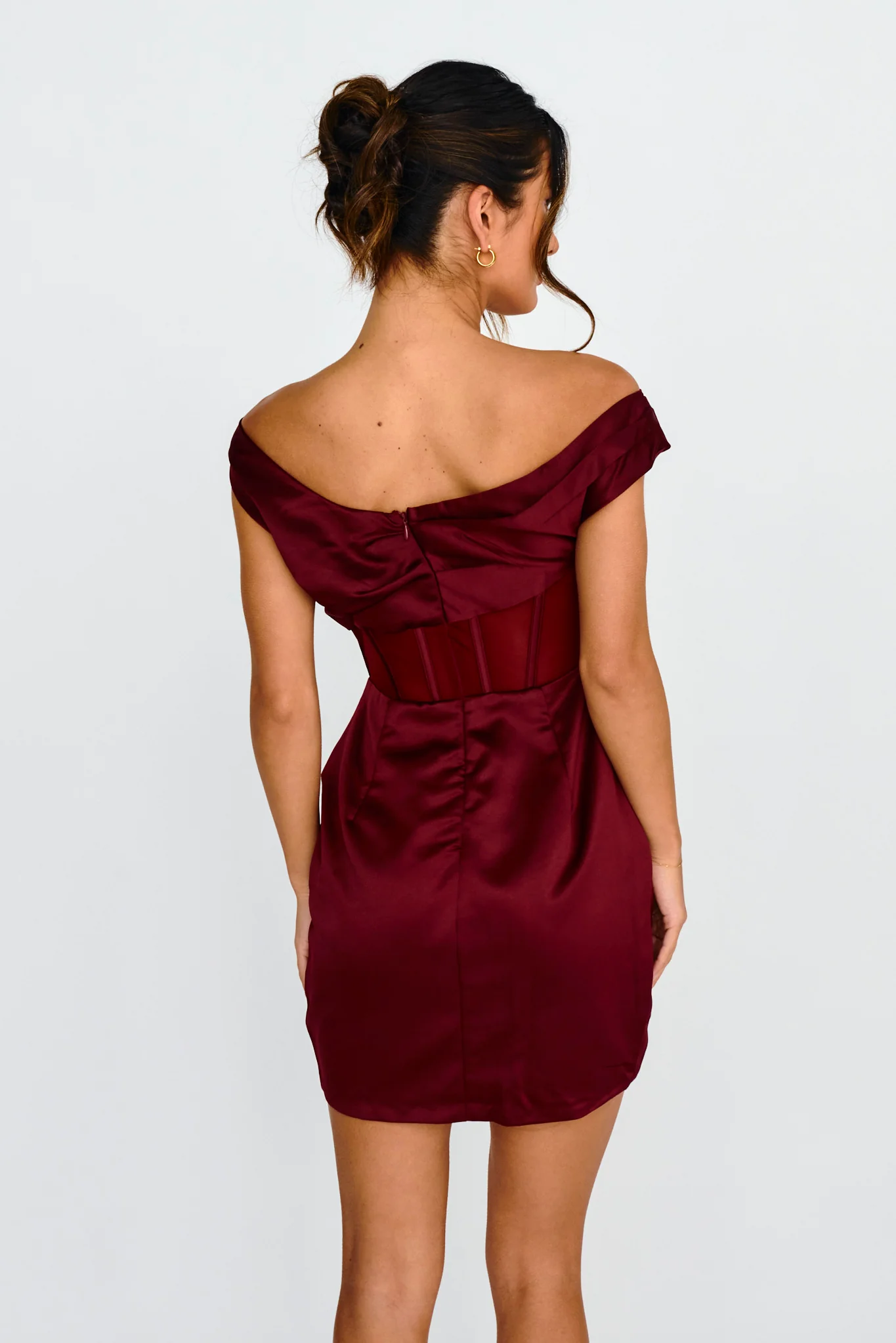 Lizetta Boat Neck Gathered Mini Dress Burgundy - Seraphlike